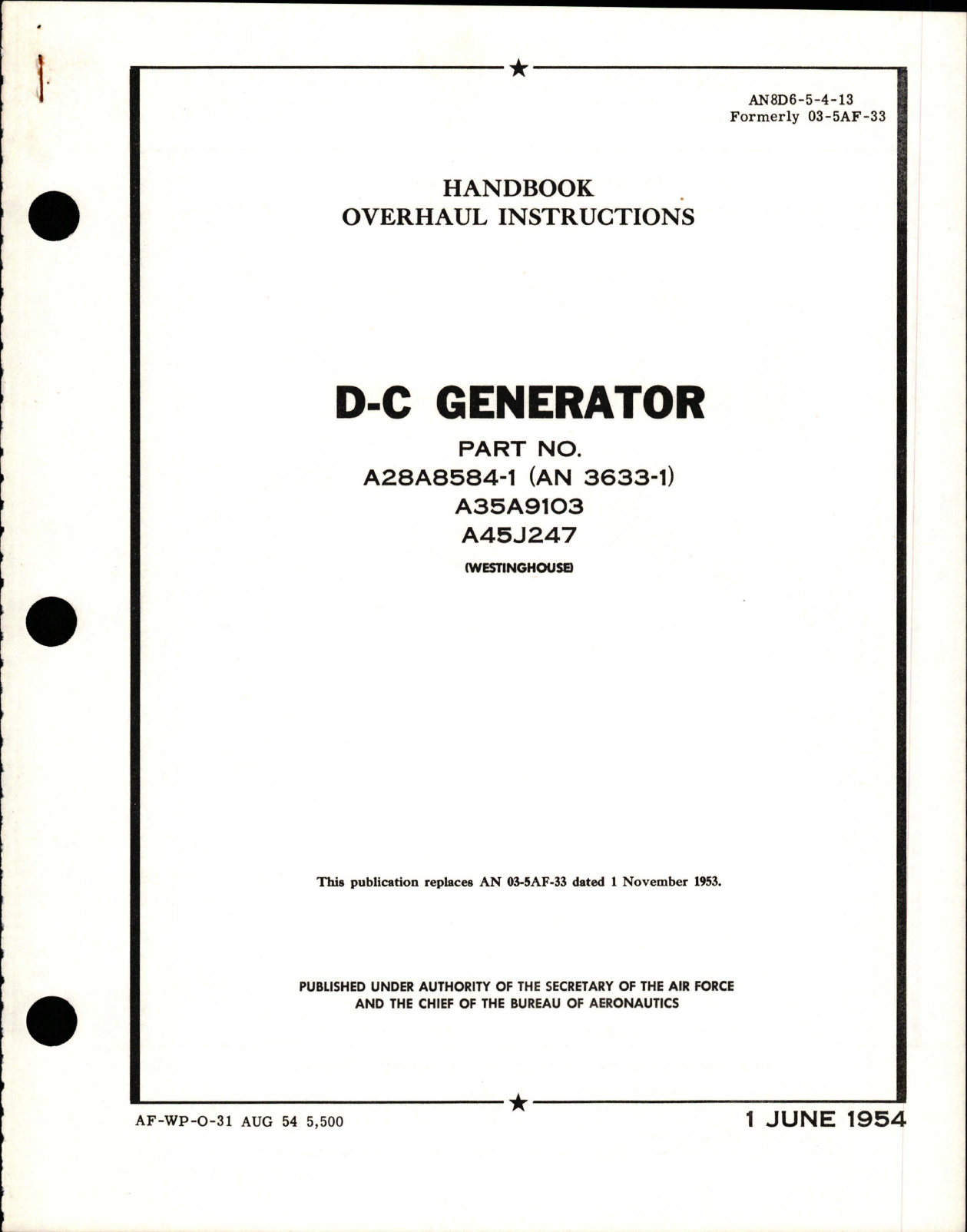 Sample page 1 from AirCorps Library document: Overhaul Instructions for DC Generator - Part A28A85841, AN 3633-1, A35A9103 and A45J247