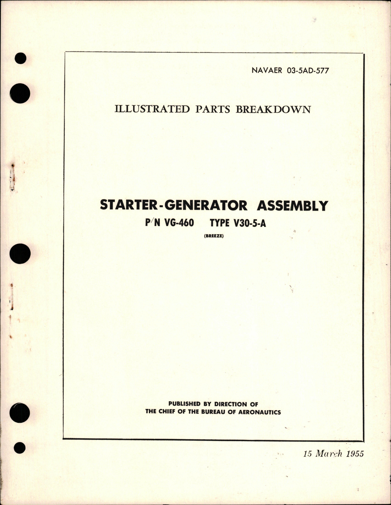 Sample page 1 from AirCorps Library document: Illustrated Parts Breakdown for Starter Generator Assembly - Part VG-460 - Type V30-5-A