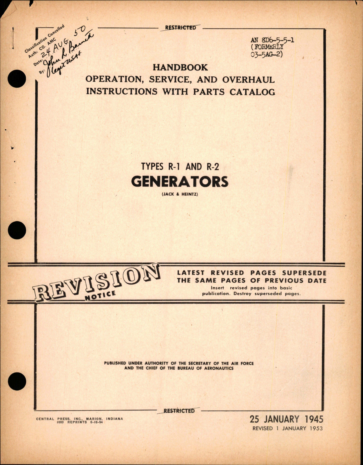 Sample page 1 from AirCorps Library document: Operation, Service and Overhaul Instructions with Parts Catalog for Generators - Types R-1 and R-2
