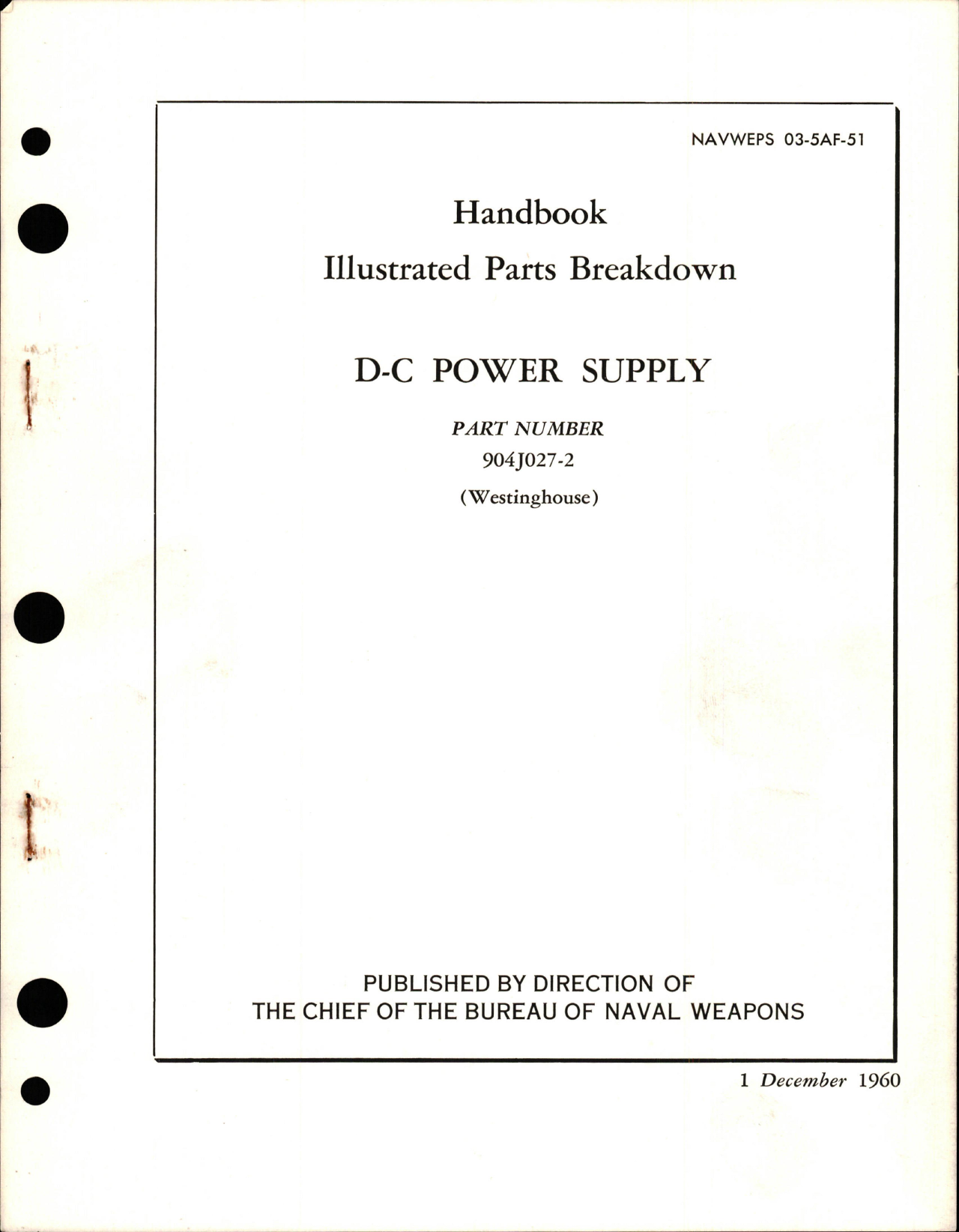 Sample page 1 from AirCorps Library document: Illustrated Parts Breakdown for D-C Power Supply - Part 904J027-2 
