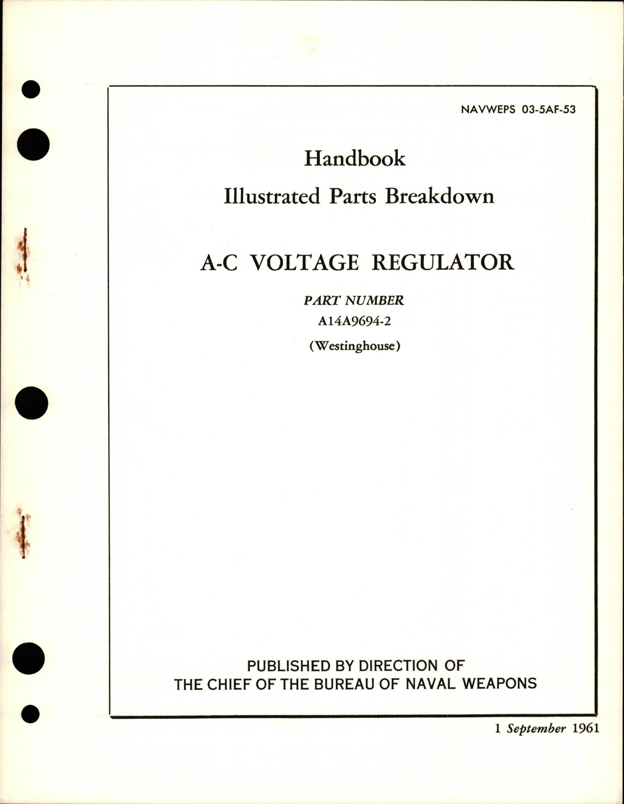 Sample page 1 from AirCorps Library document: Illustrated Parts Breakdown for A-C Voltage Regulator - Part A14A9694-2