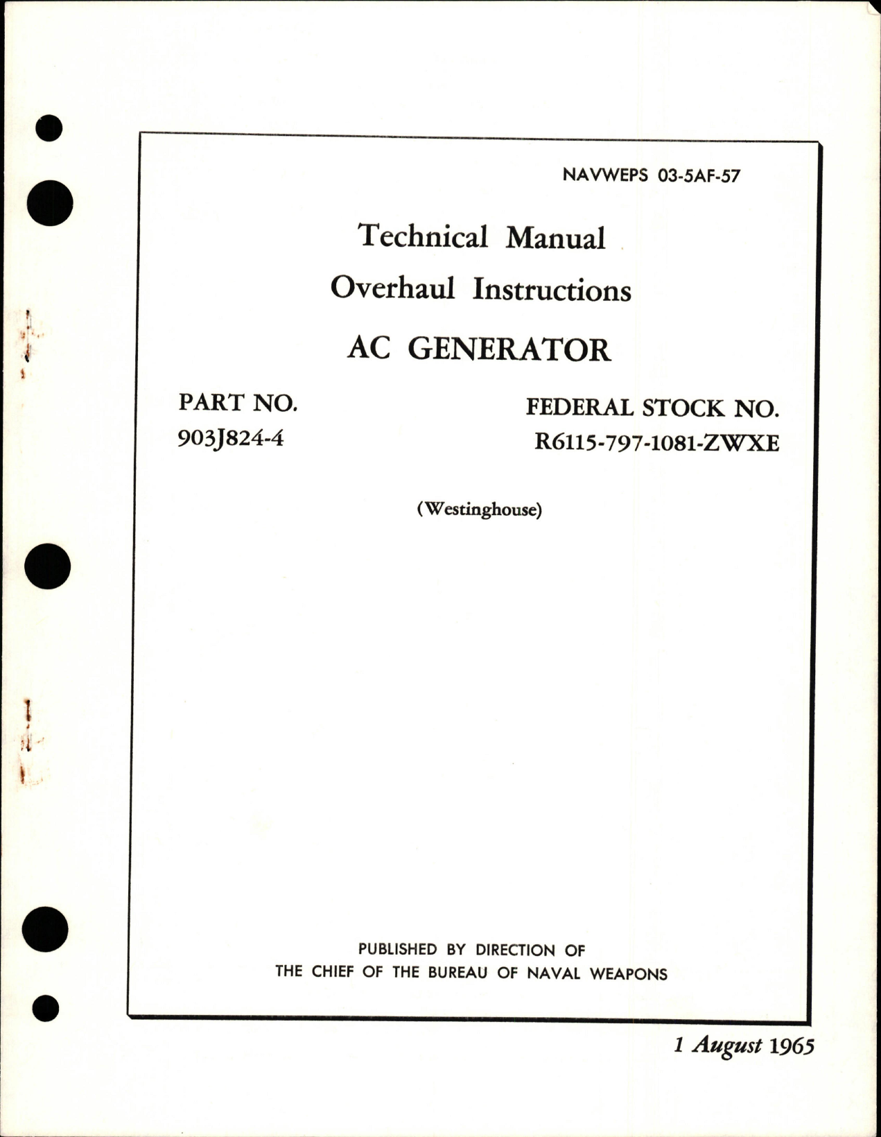 Sample page 1 from AirCorps Library document: Overhaul Instructions for AC Generator - Part 903J824-4 