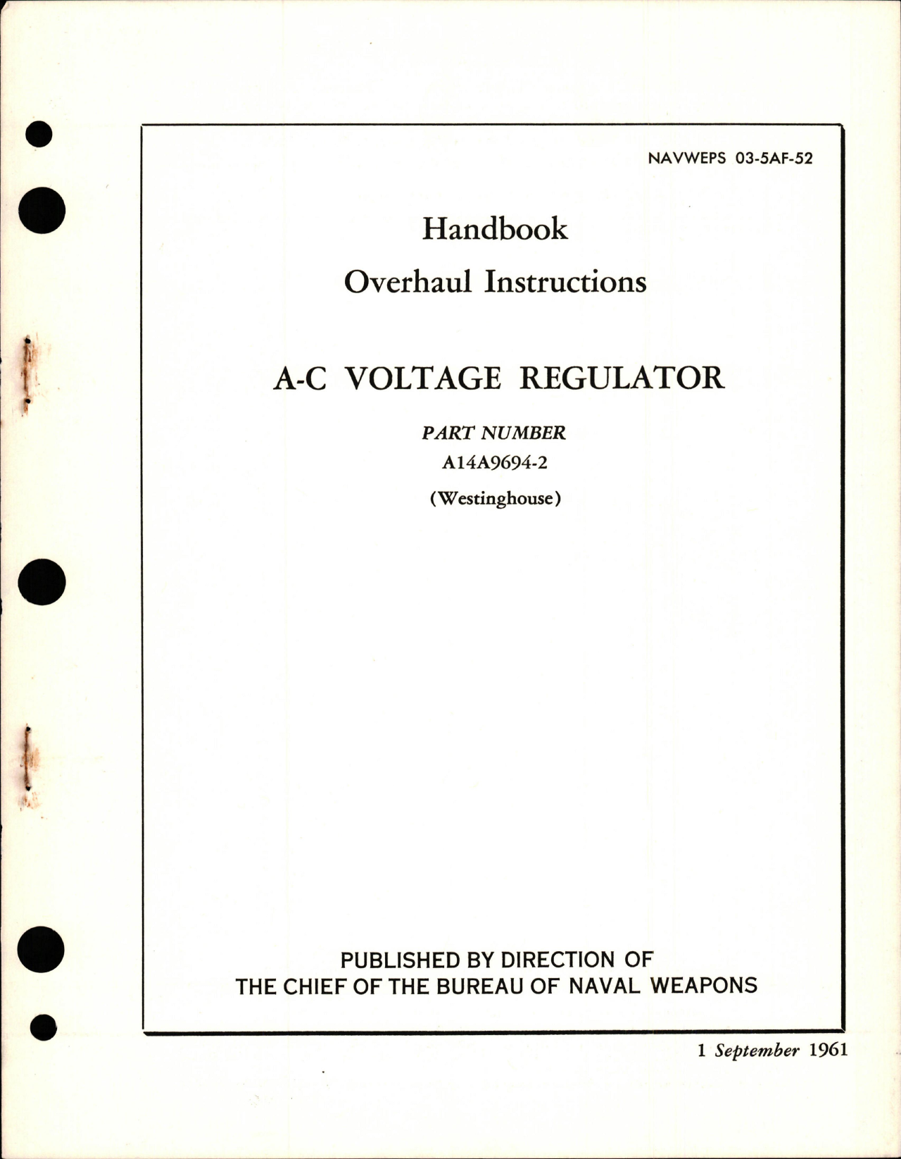 Sample page 1 from AirCorps Library document: Overhaul Instructions for A-C Voltage Regulator - Part A14A9694-2 