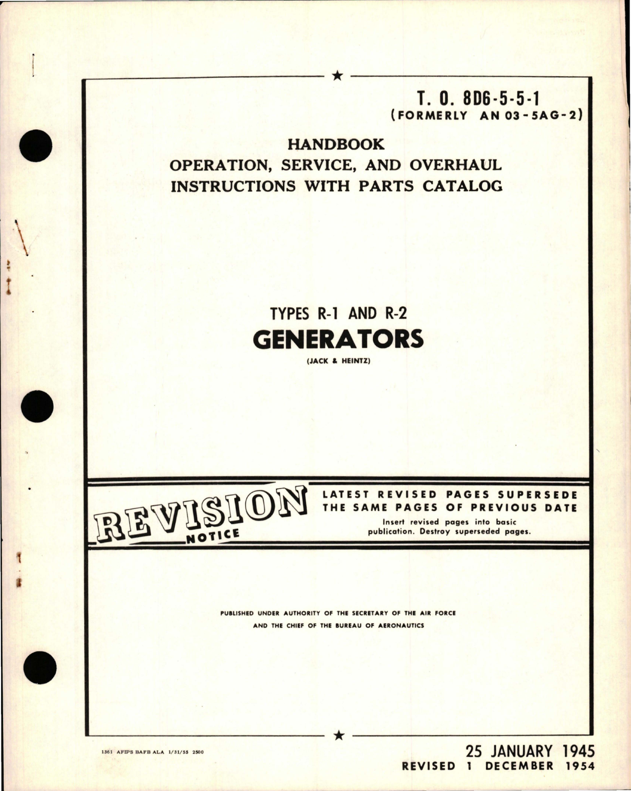 Sample page 1 from AirCorps Library document: Operation, Service and Overhaul Instructions with Parts Catalog for Generators - Types R-1 and R-2