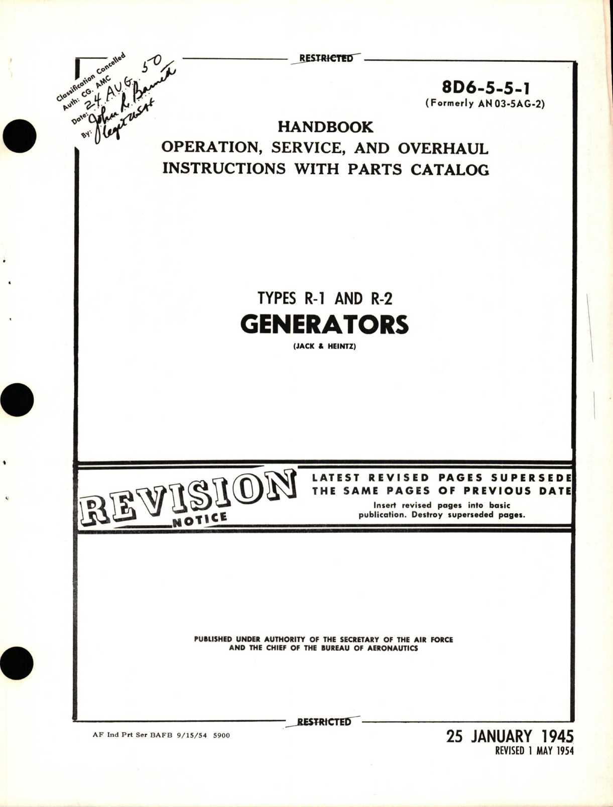 Sample page 1 from AirCorps Library document: Operation, Service and Overhaul Instructions with Parts Catalog for Generators - Types R-1 & R-2