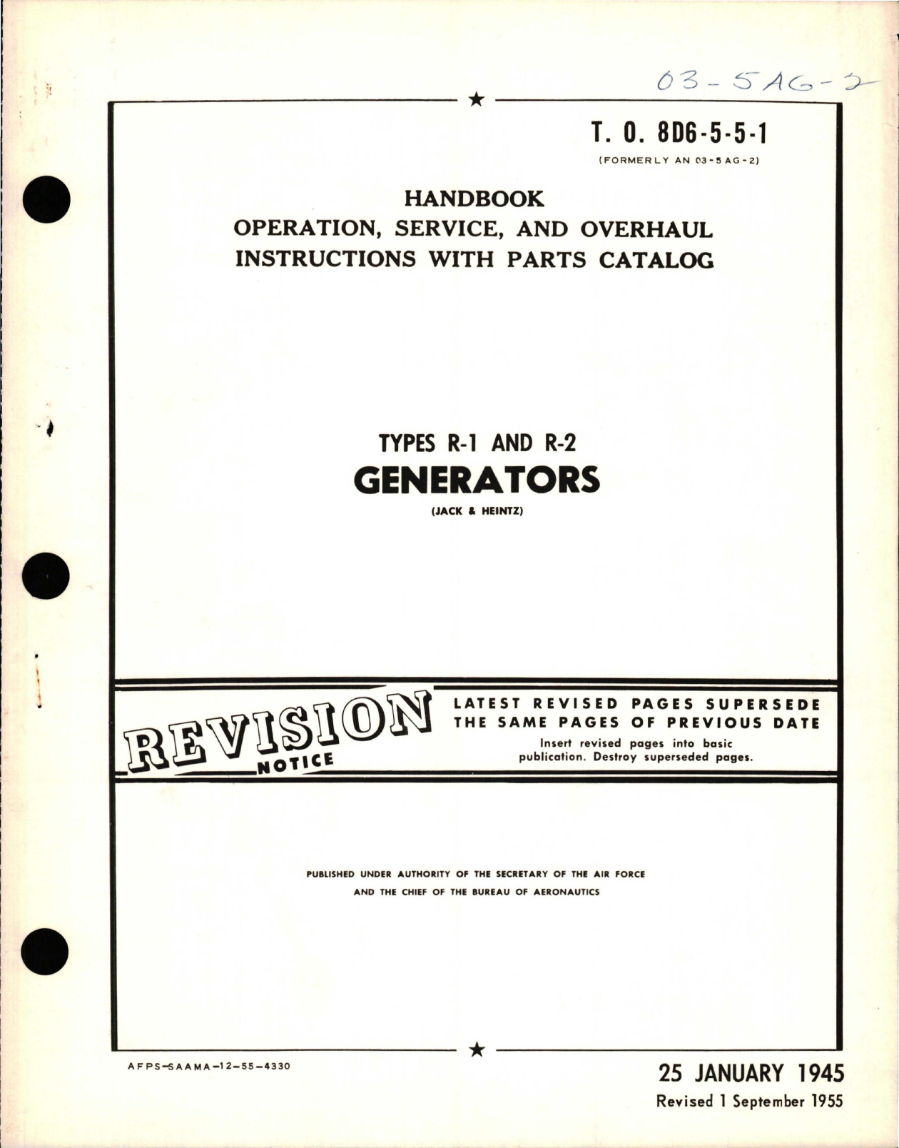 Sample page 1 from AirCorps Library document: Operation, Service and Overhaul Instructions with Parts Catalog for Generators - Types R-1 and R-2