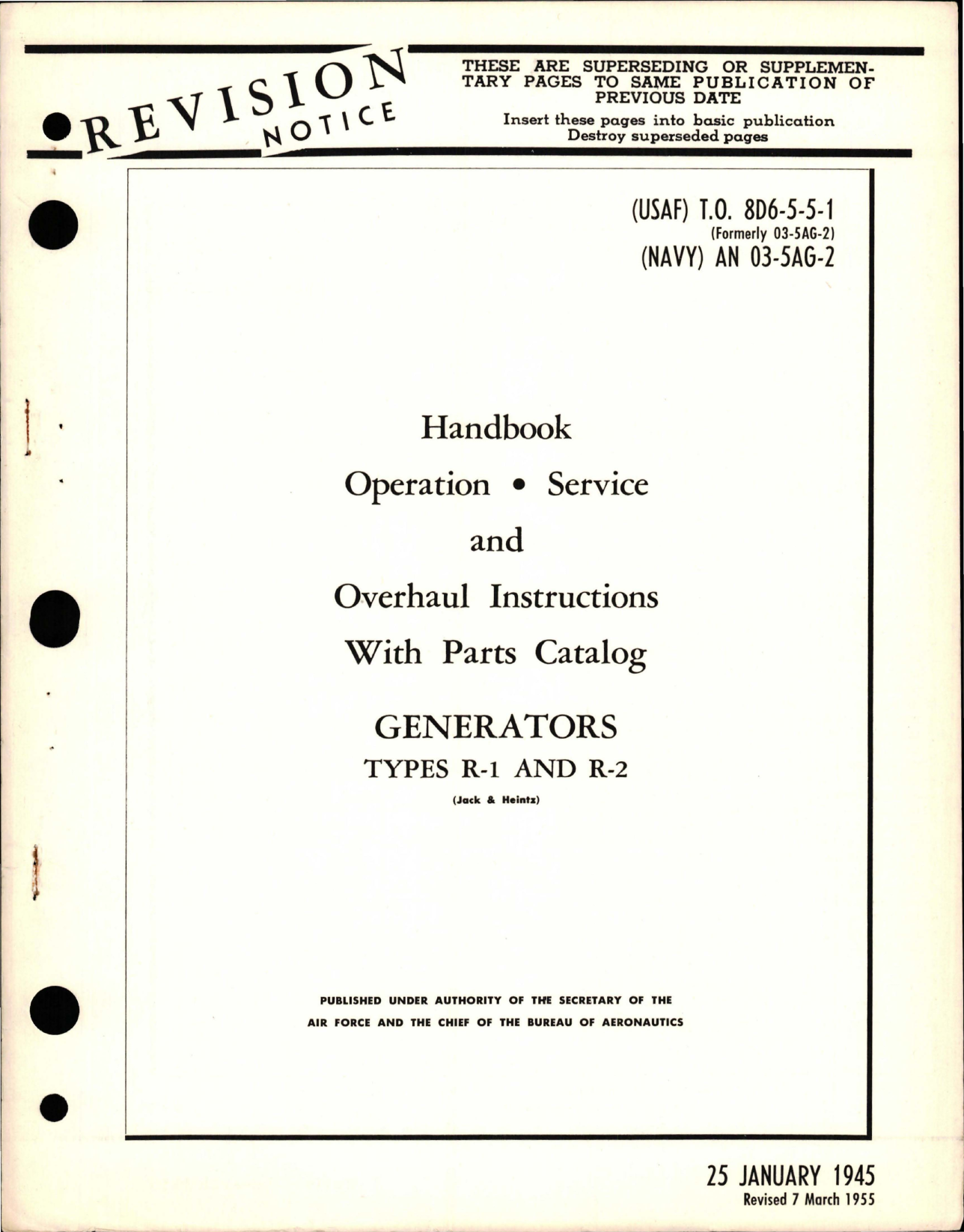 Sample page 1 from AirCorps Library document: Operation, Service, and Overhaul Instructions with Parts Catalog for Generators - Types R-1 and R-2