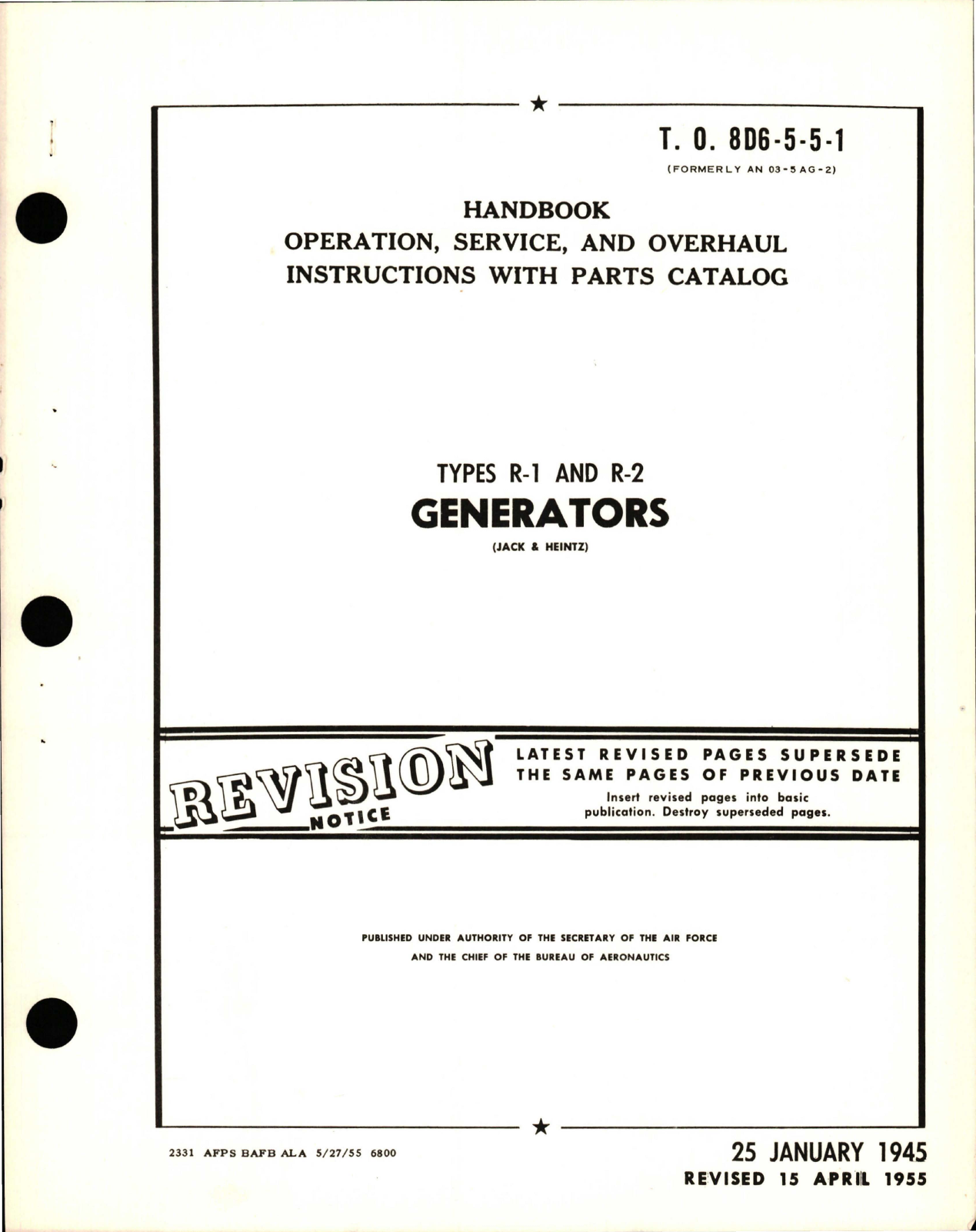 Sample page 1 from AirCorps Library document: Operation, Service, Overhaul Instructions with Parts Catalog for Generators, Types R-1 and R-2