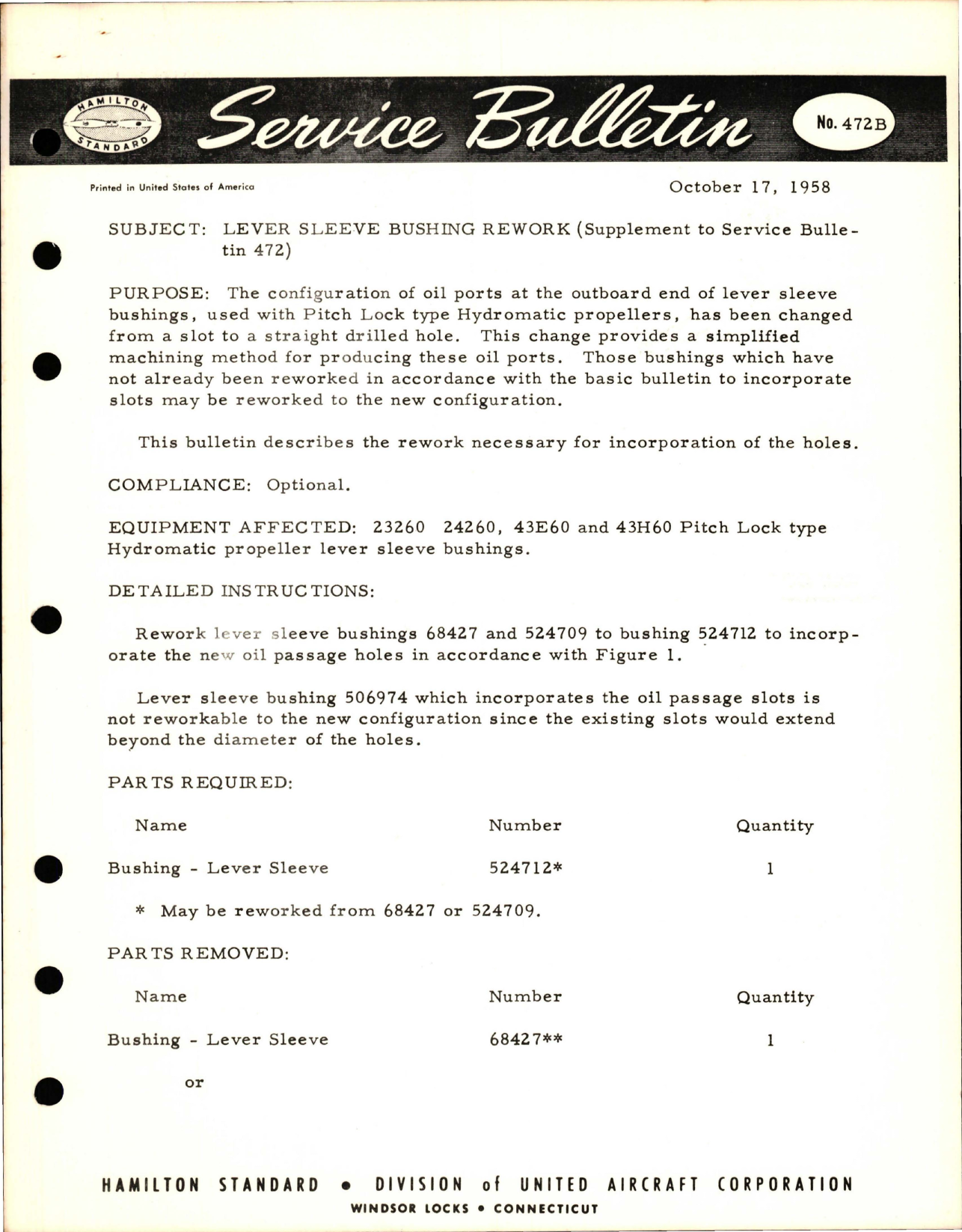 Sample page 1 from AirCorps Library document: Lever Sleeve Bushing Rework (Supplement to No. 472)