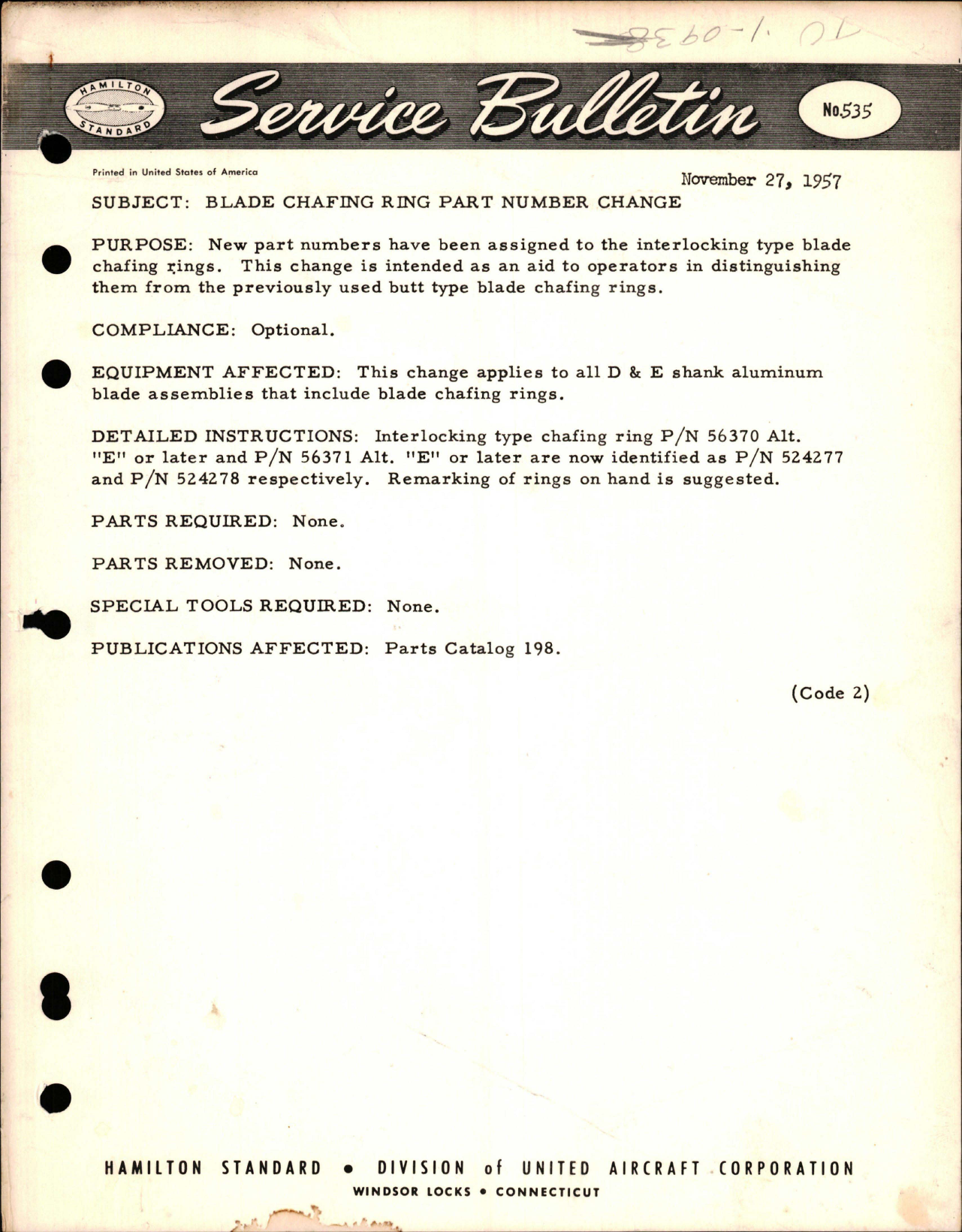 Sample page 1 from AirCorps Library document: Blade Chafing Ring Part Number Change