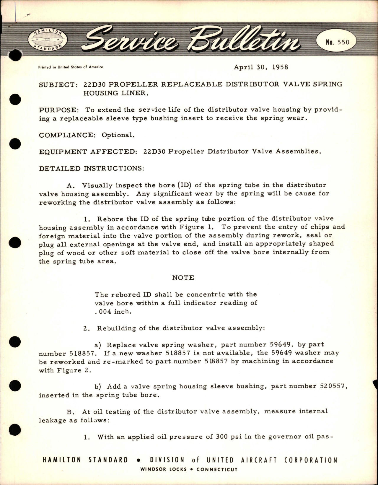 Sample page 1 from AirCorps Library document: 22D30 Propeller Replaceable Distributor Valve Spring Housing Liner