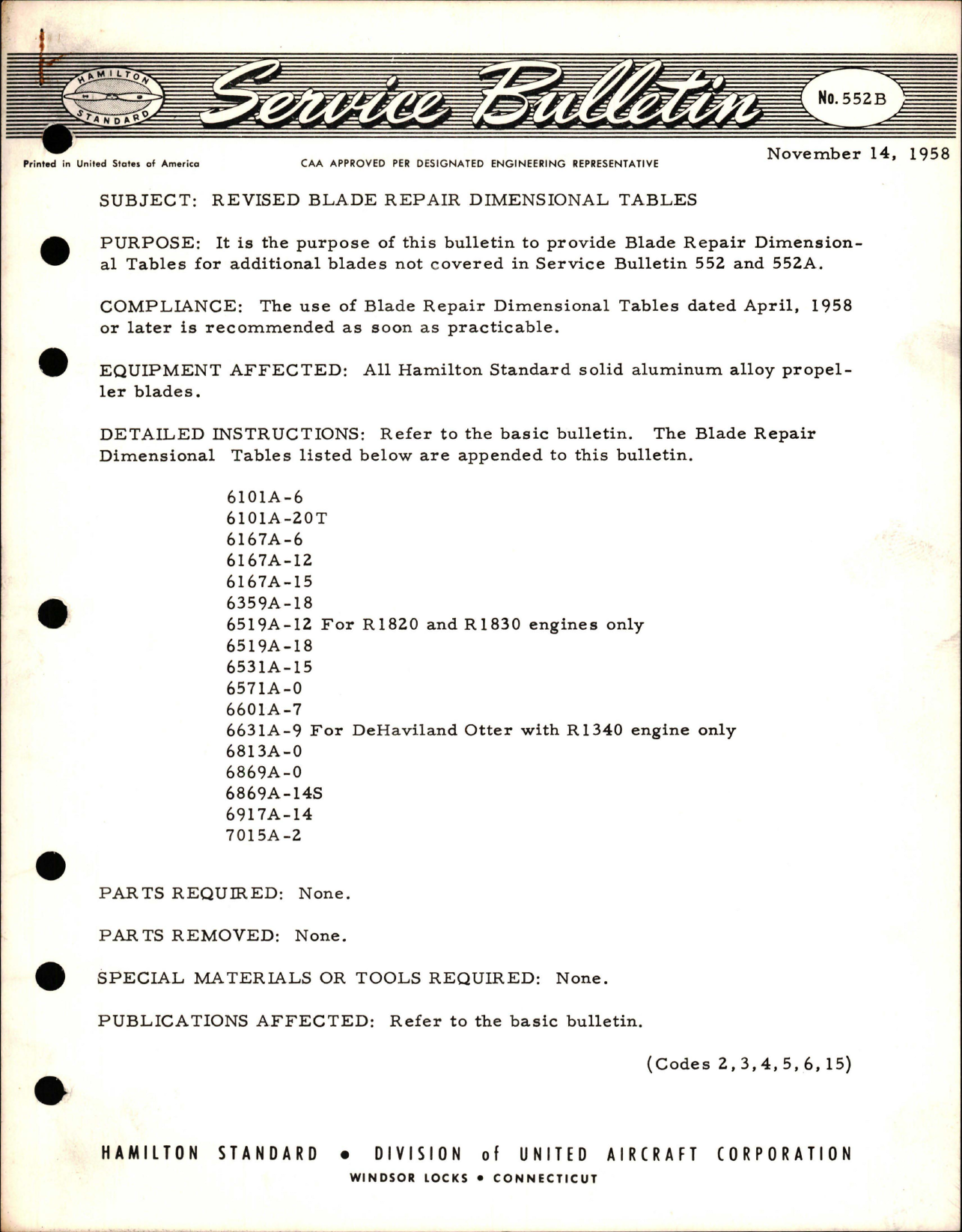 Sample page 1 from AirCorps Library document: Revised Blade Dimensional Tables