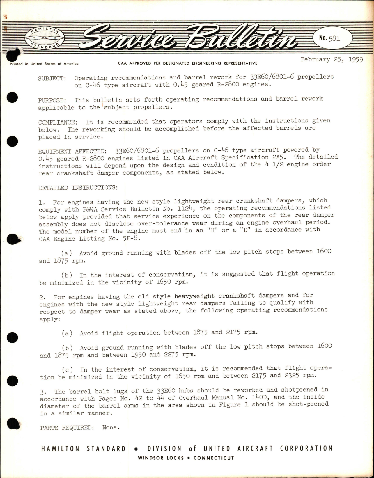 Sample page 1 from AirCorps Library document: Operating Recommendations & Barrel Rework for 33E60/6801-6 Propellers on C-46