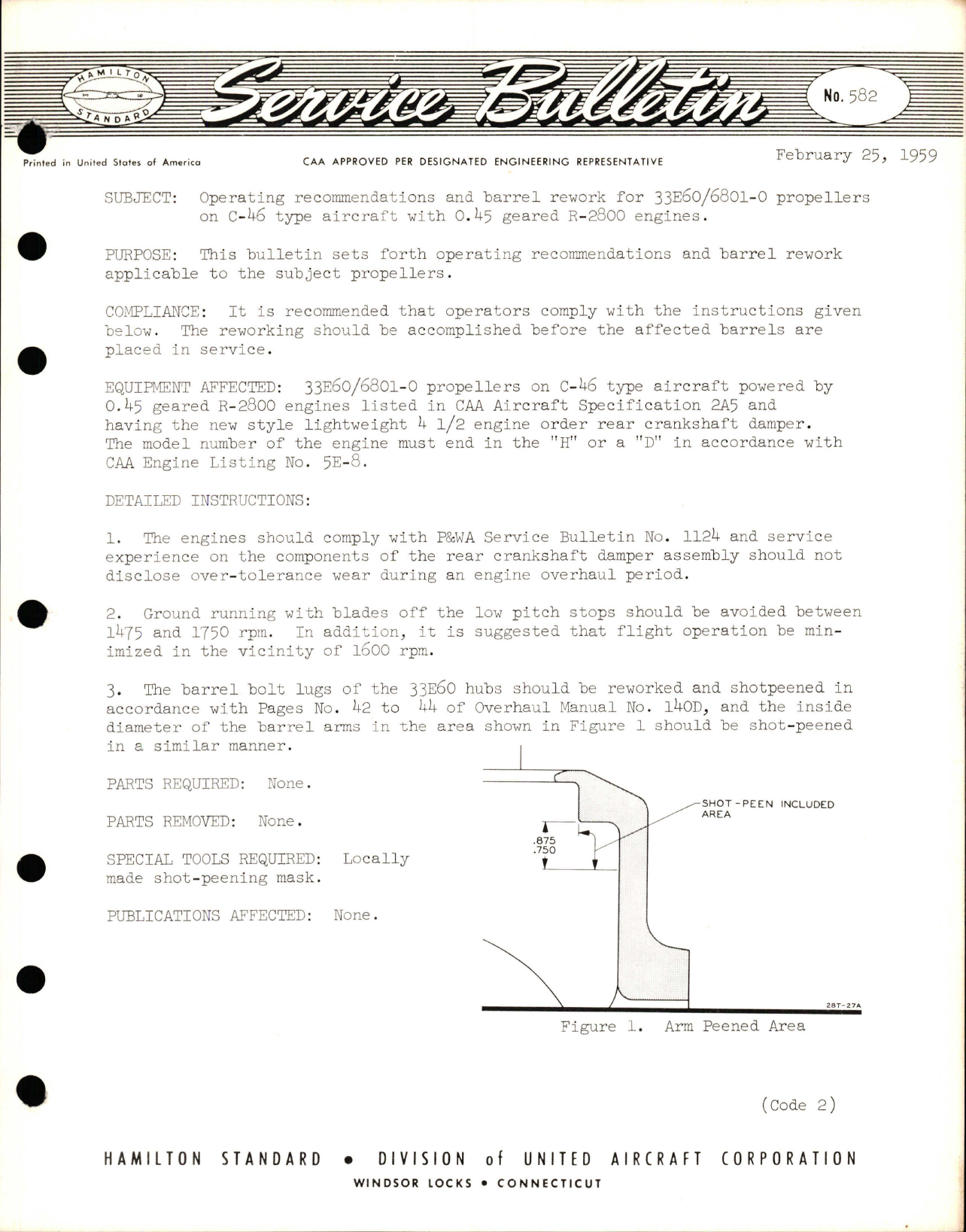 Sample page 1 from AirCorps Library document: No. 582, Operating Recommendations and Barrel Rework for 33E60-6801-0 Propellers on C-46