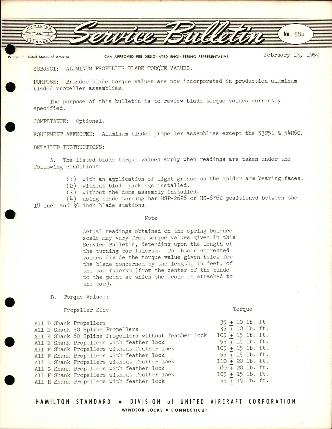 Sample page 1 from AirCorps Library document: Aluminum Propeller Blade Torque Values