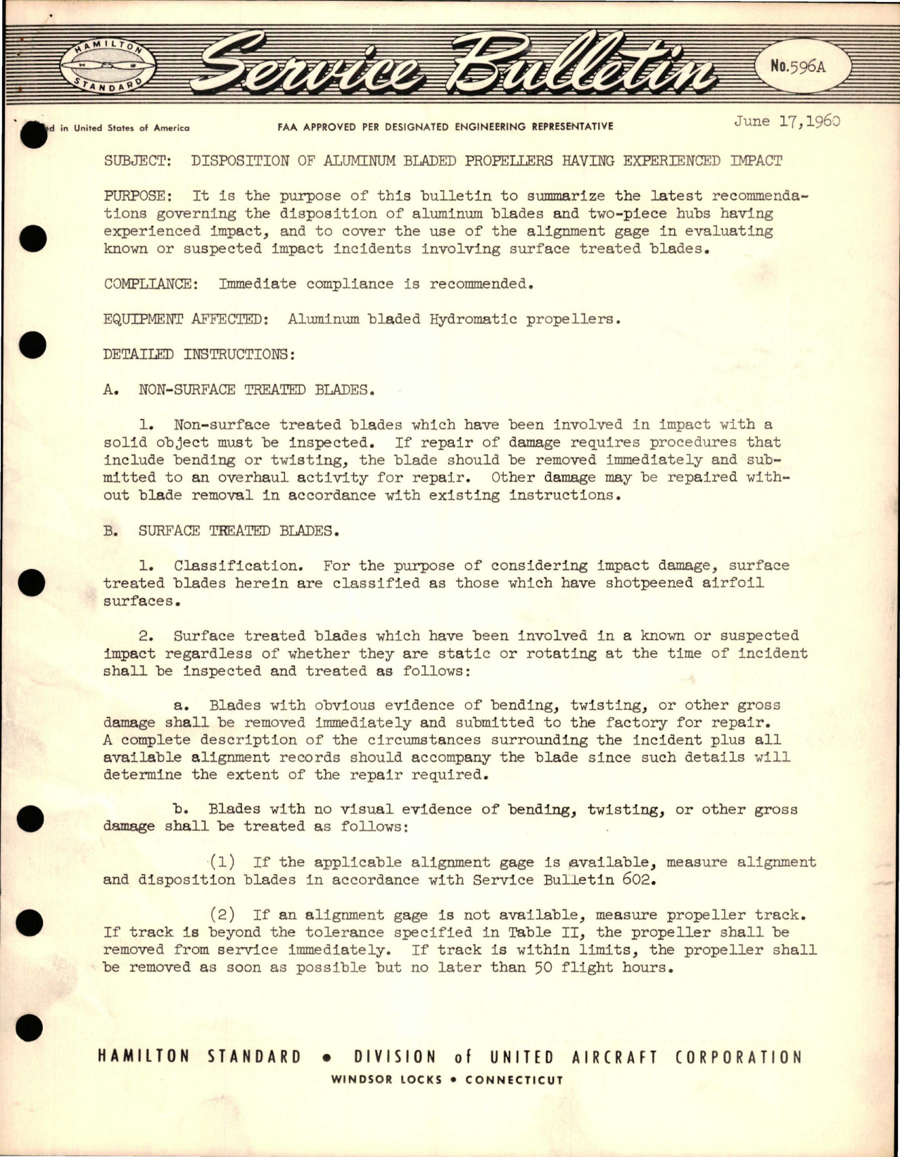 Sample page 1 from AirCorps Library document: Disposition of Aluminum Bladed Propellers Having Experienced Impact