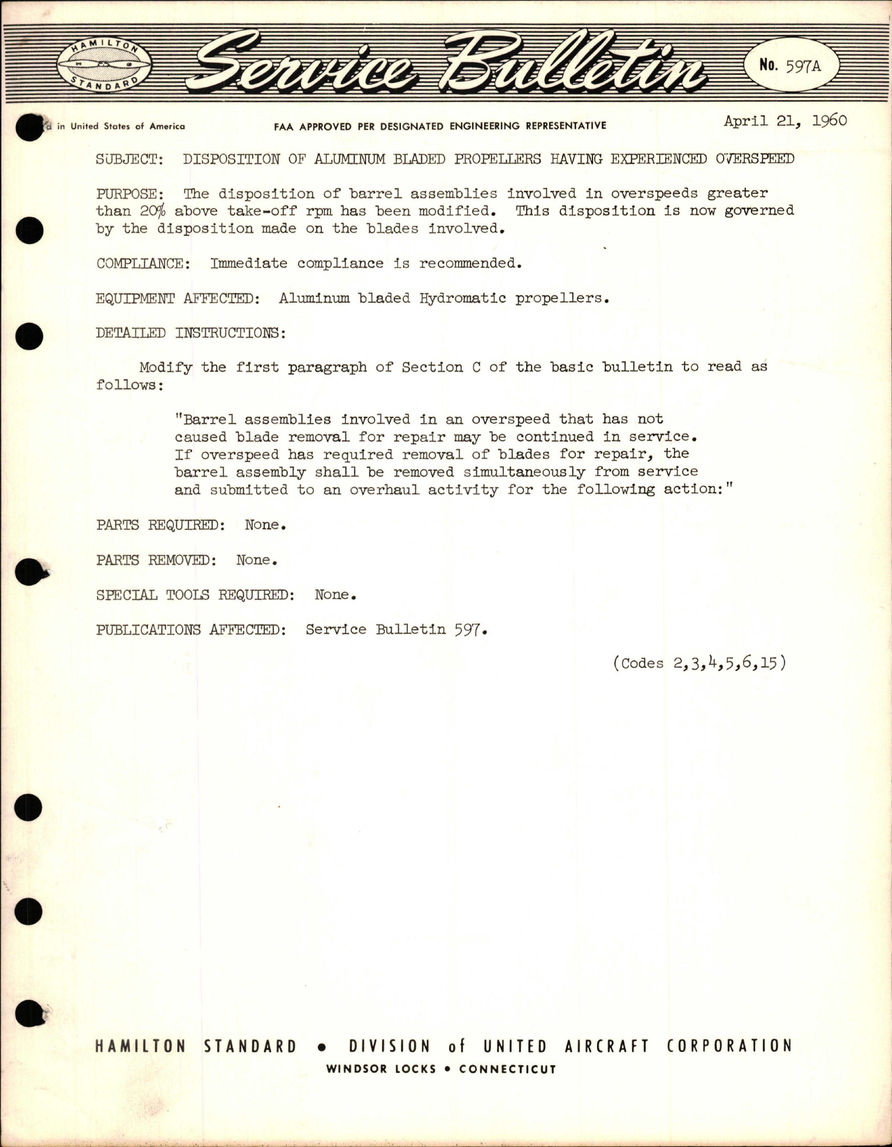 Sample page 1 from AirCorps Library document: Disposition of Aluminum Bladed Propellers Having Experienced Overspeed