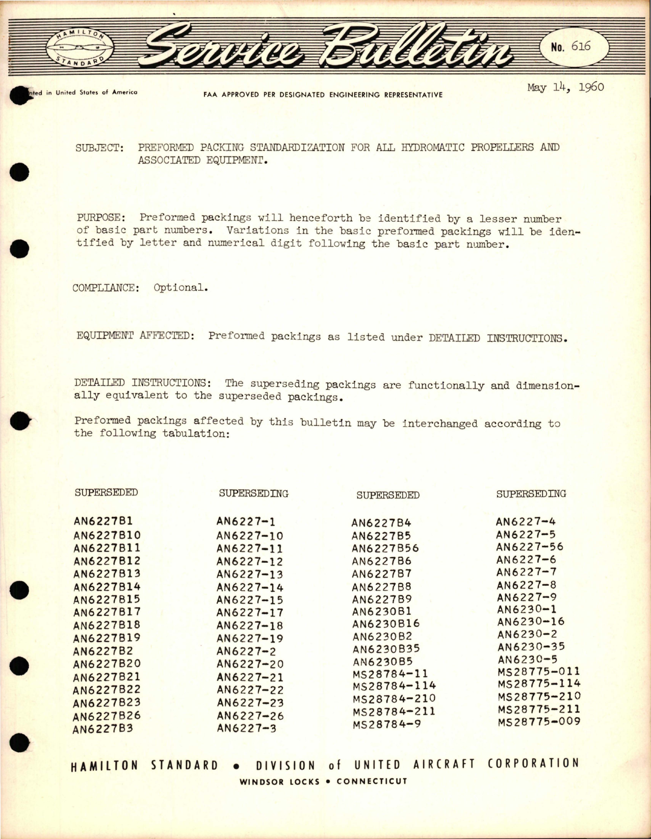 Sample page 1 from AirCorps Library document: Preformed Packing Standardization for all Hydromatic Propellers and Associated Equipment