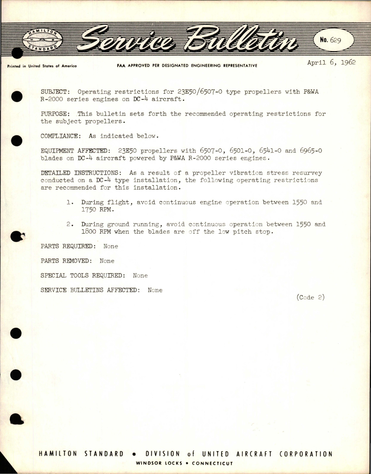 Sample page 1 from AirCorps Library document: Operating Restrictions for 23E50-6507-0 Type Propellers on DC-4