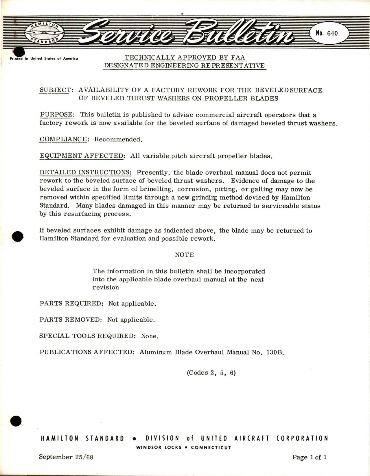 Sample page 1 from AirCorps Library document: Availability of a Factory Rework for the Beveled Surface of Beveled Thrust Washers on Propeller Blades