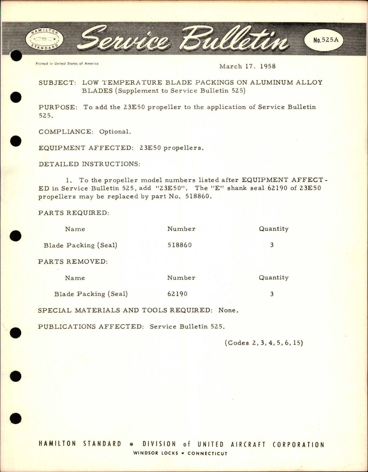 Sample page 1 from AirCorps Library document: Low Temperature Blade Packings on Aluminum Alloy Blades (Supplement to 525)