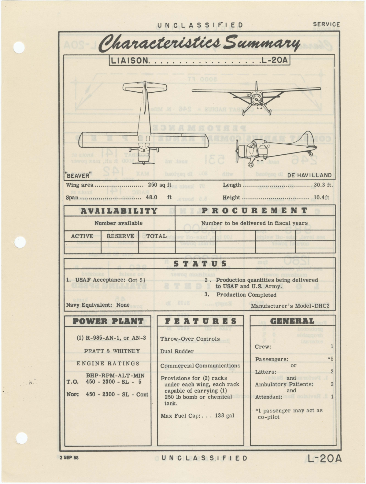 Sample page 1 from AirCorps Library document: de Havilland L-20A Beaver Characteristics Summary