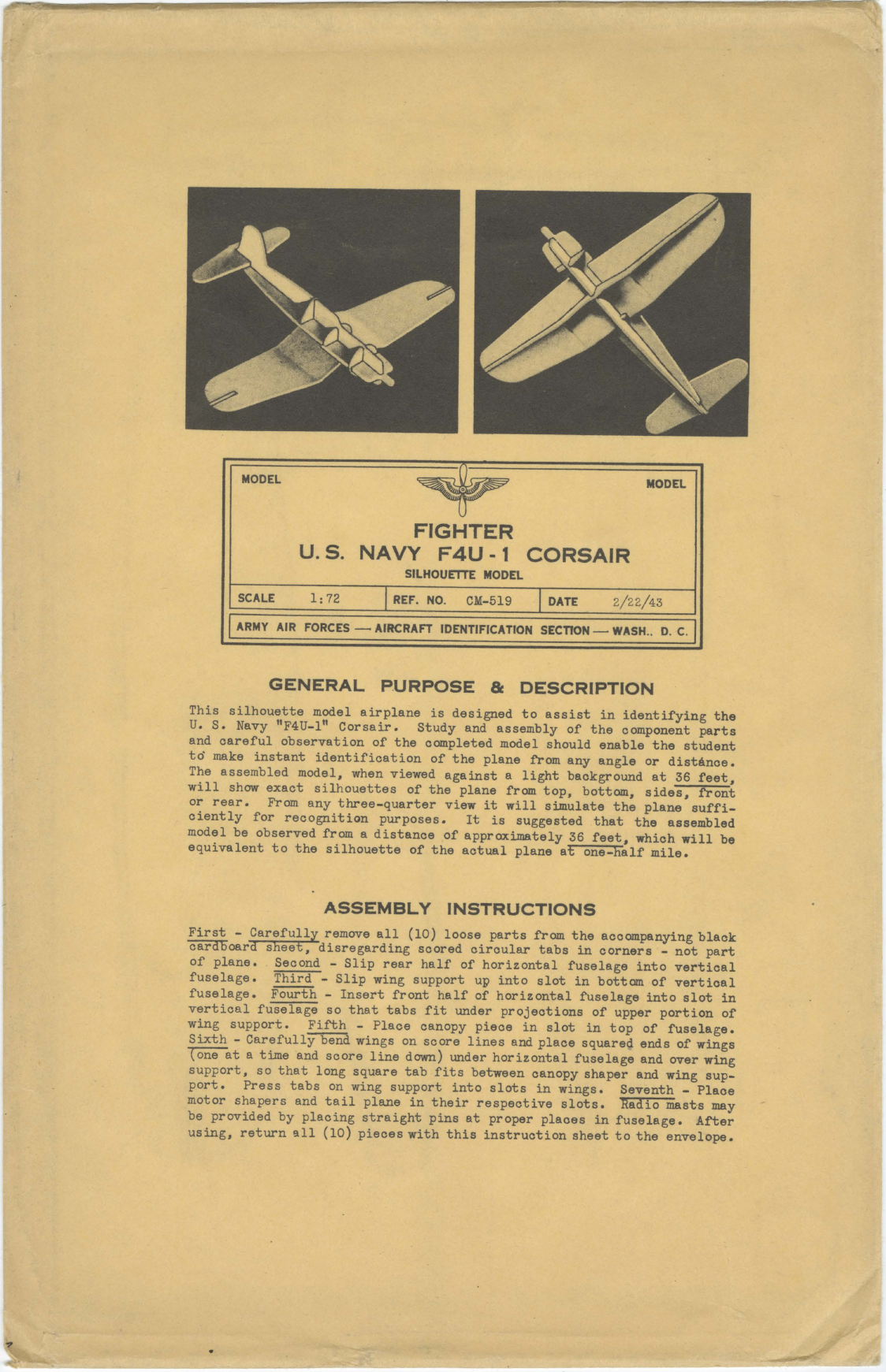 Sample page 1 from AirCorps Library document: F4U-1 Corsair Silhouette Model - US Navy Fighter - Identification