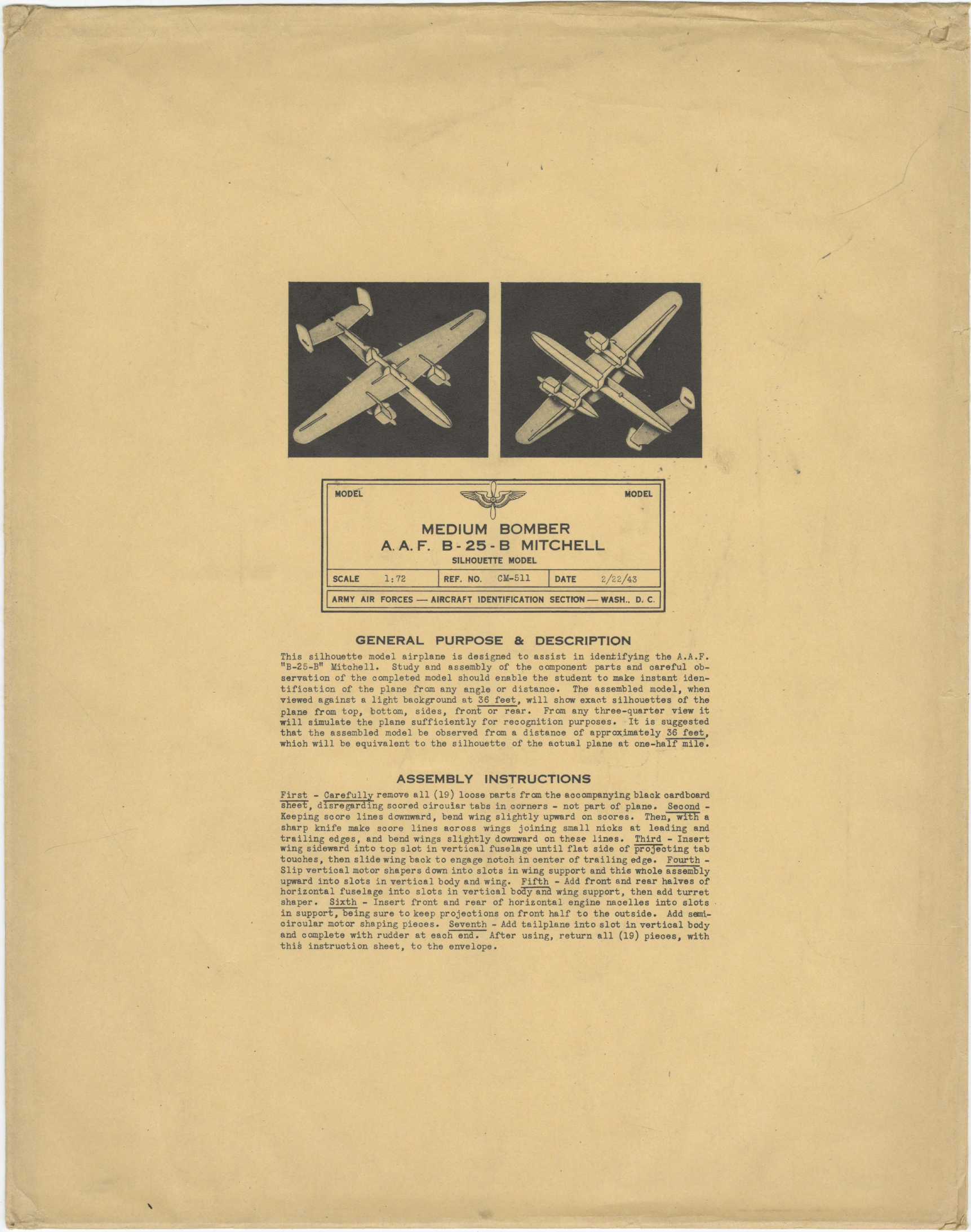 Sample page 1 from AirCorps Library document: B-25-B Mitchell Silhouette Model - AAF Medium Bomber - Identification