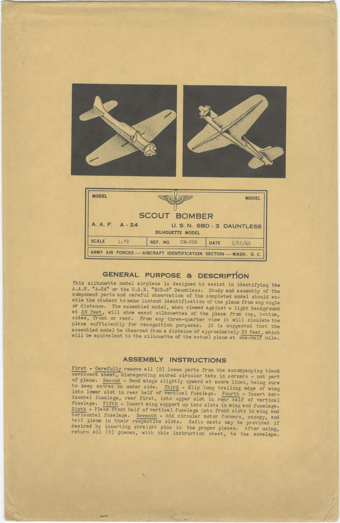 Sample page 1 from AirCorps Library document: A-24 SBD-3 Dauntless Silhouette Model - AAF Scout Bomber - Identification