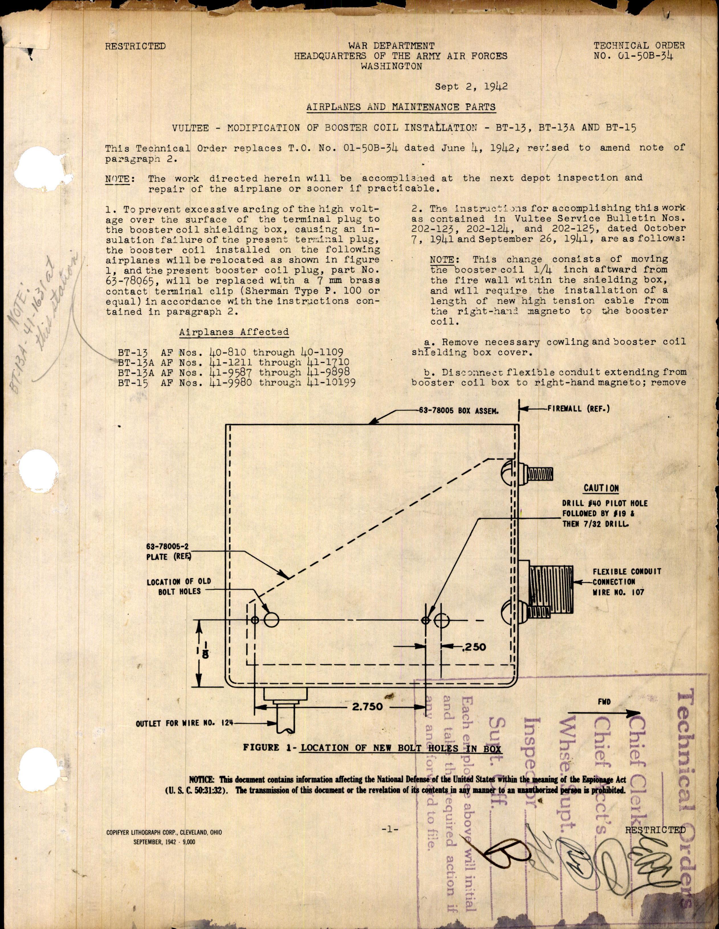 Sample page 1 from AirCorps Library document: Modification of Booster Coil Installation - BT-13, BT-13A, and BT-15