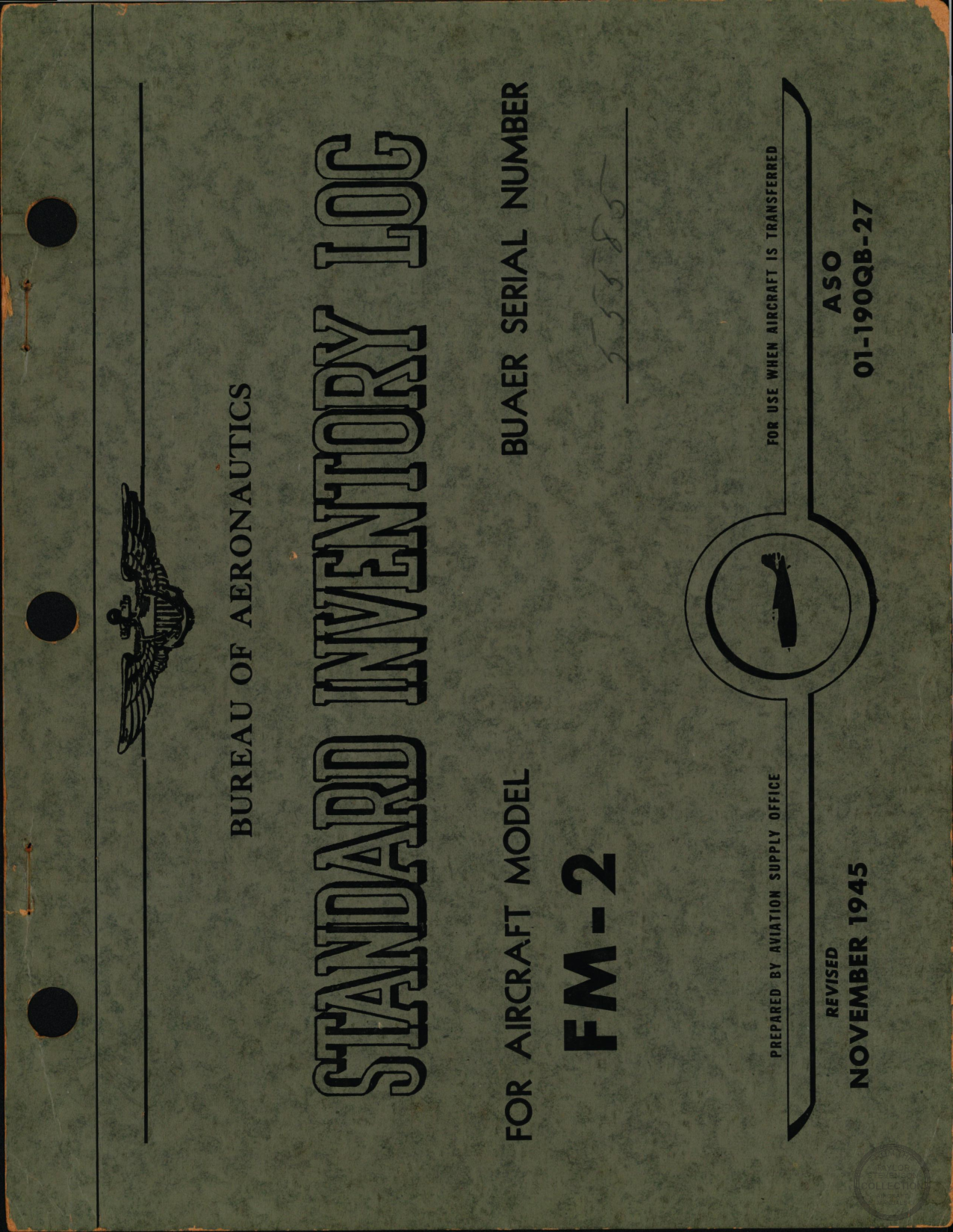 Sample page 1 from AirCorps Library document: Bureau of Aeronautics Standard Inventory Log, FM-2 Wildcat
