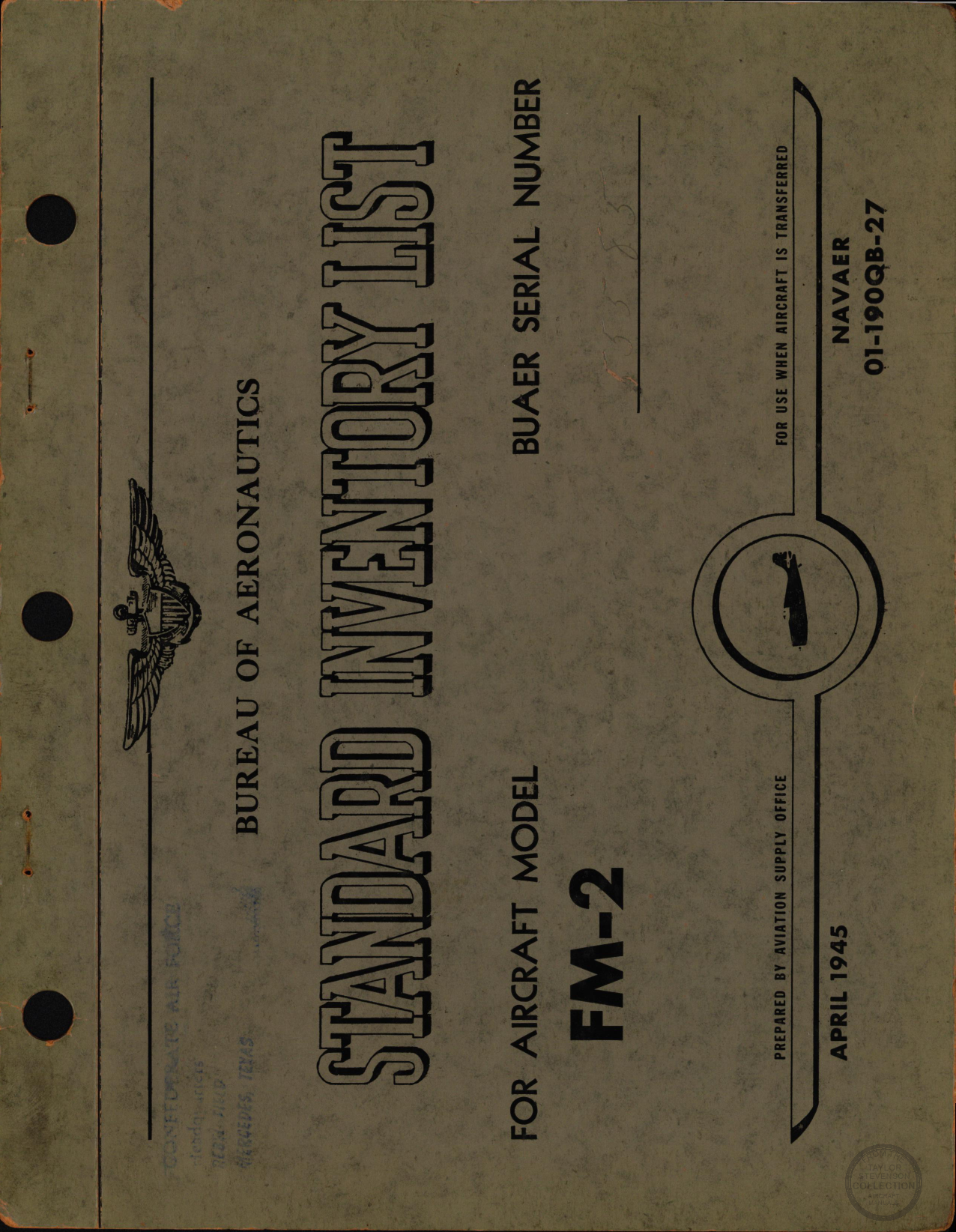 Sample page 1 from AirCorps Library document: Bureau of Aeronautics Standard Inventory List, FM-2 Wildcat