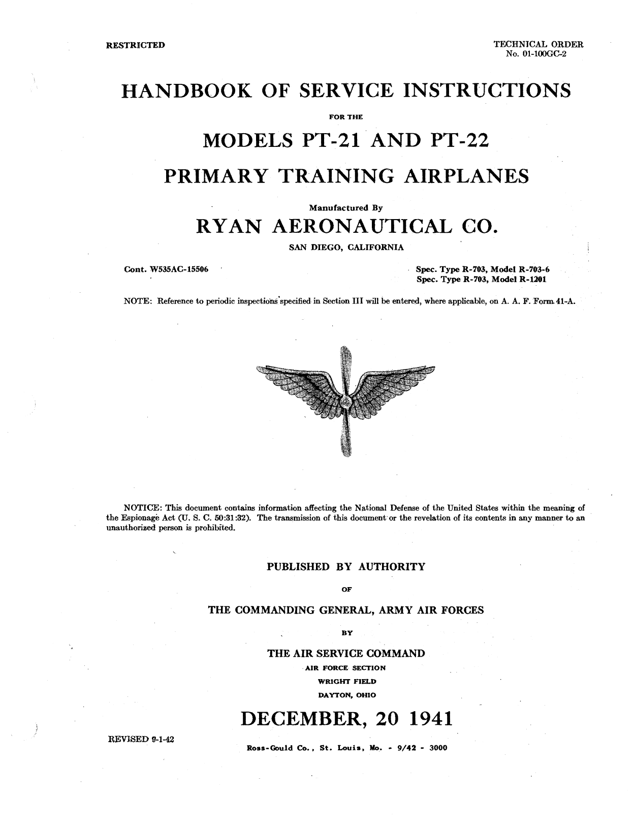 Sample page 1 from AirCorps Library document: Service Instructions - PT-21, PT-22