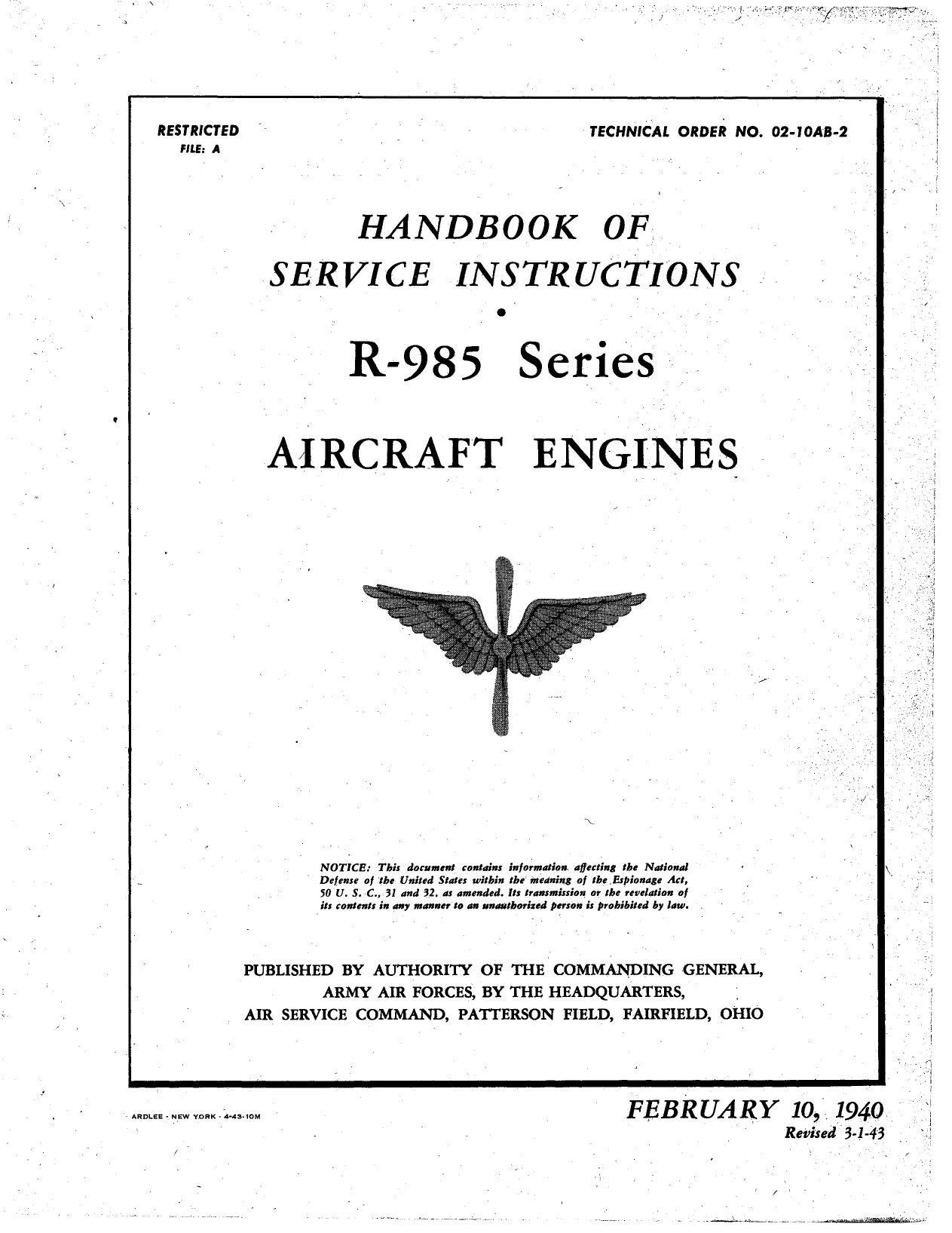 Sample page 1 from AirCorps Library document: Service Instructions - Engine - R-985