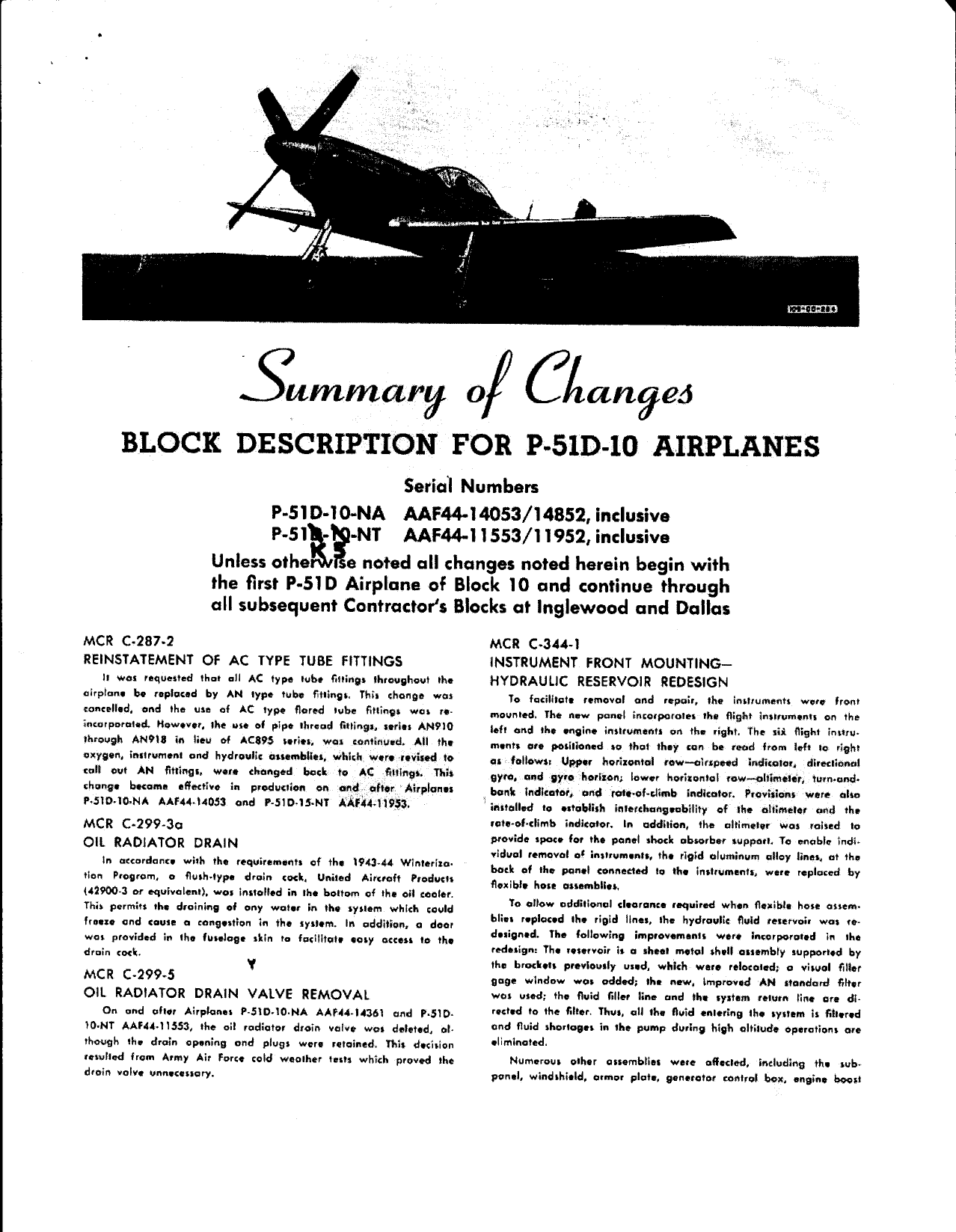 Sample page 1 from AirCorps Library document: Summary of Changes - Block Description for P-51D-10 Airplanes