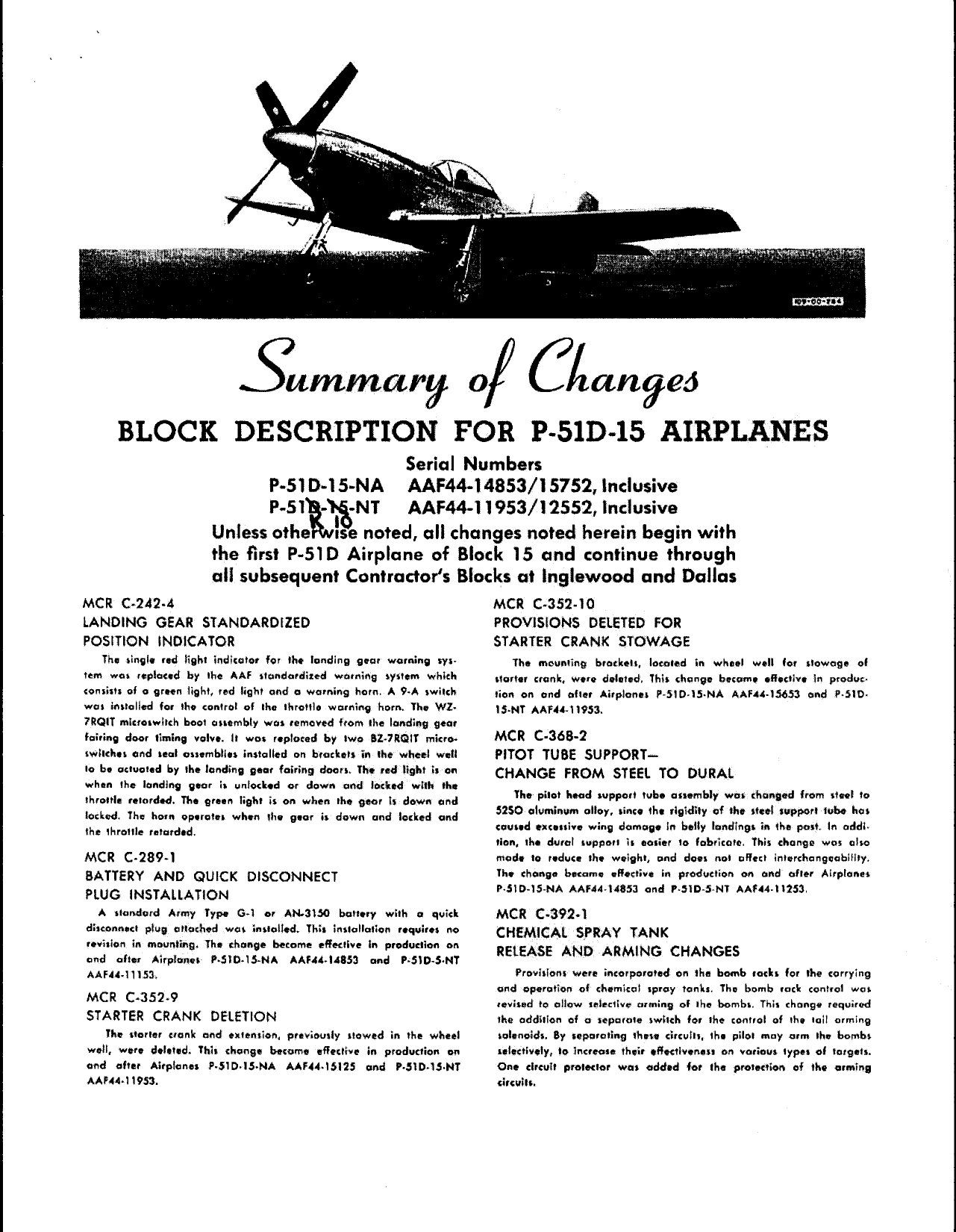 Sample page 1 from AirCorps Library document: Summary of Changes - Block Description for P-51D-15 Airplanes