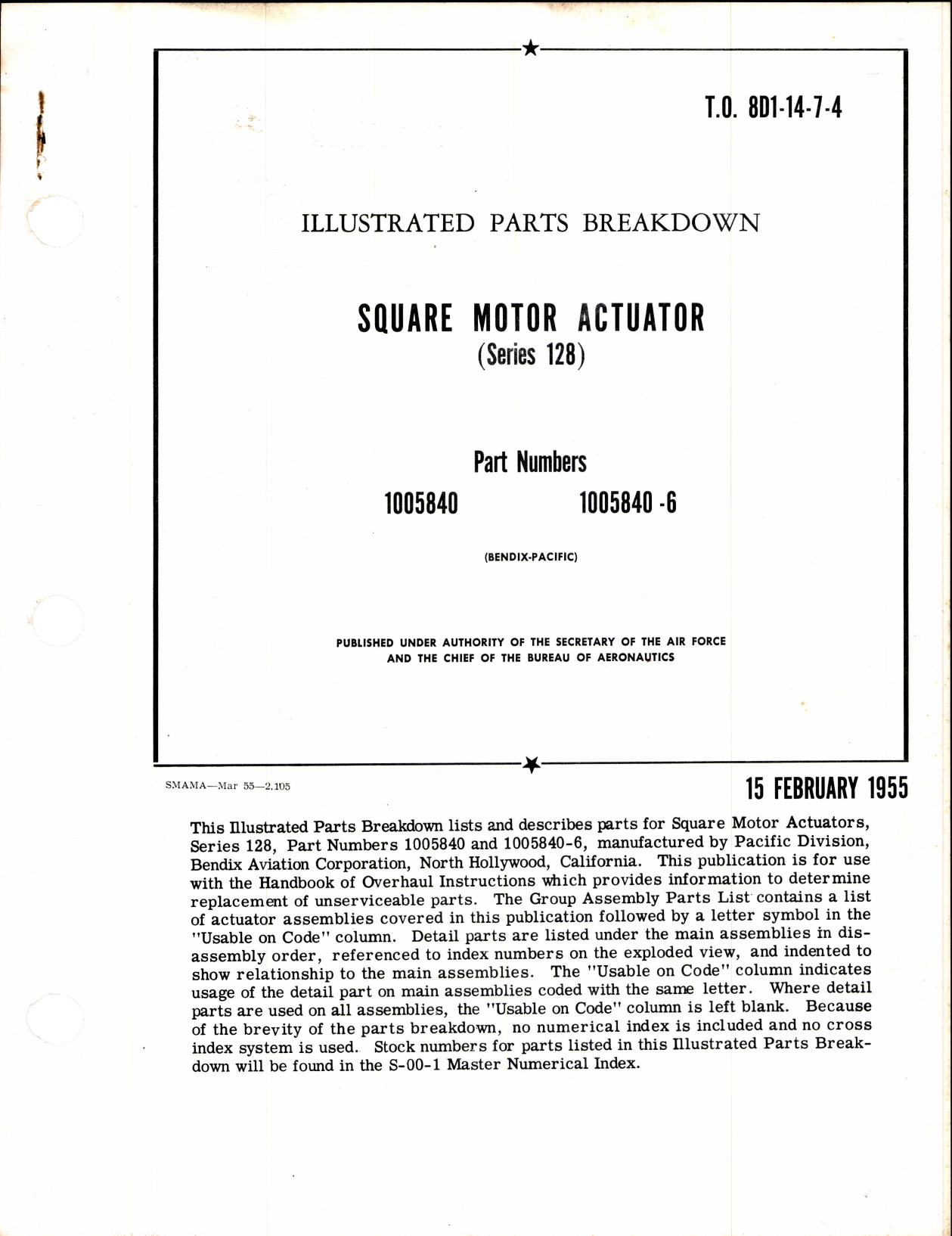 Sample page 1 from AirCorps Library document: Parts Breakdown for Square Motor Actuator Series 128 (Part numbers: 1005840 and 1005840-6_