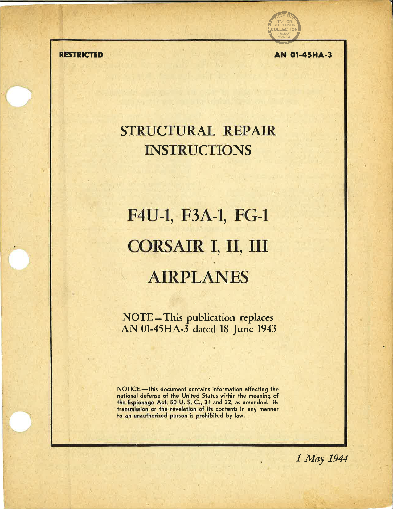 Sample page 1 from AirCorps Library document: Structural Repair Instructions - Corsair