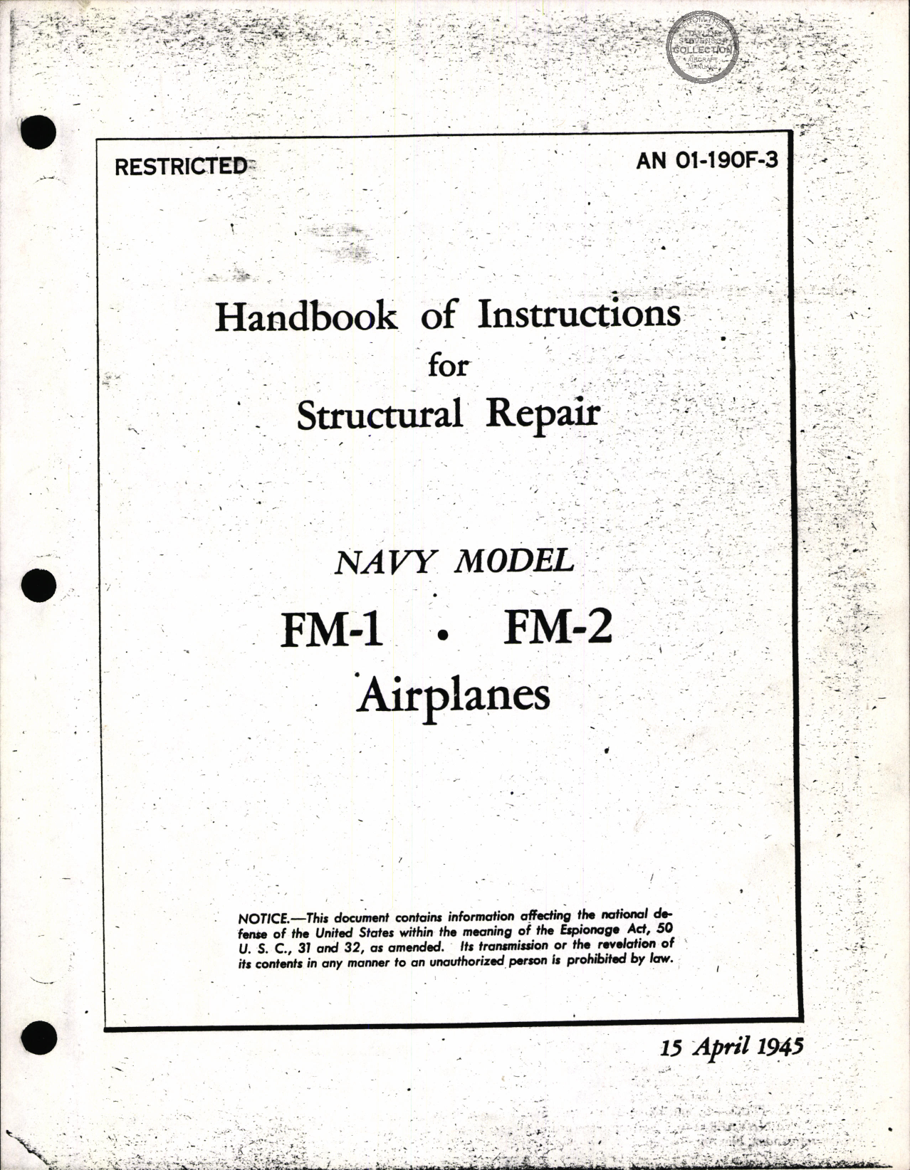 Sample page 1 from AirCorps Library document: Handbook of Instructions for Structural Repair for FM-1 and FM-2 Wildcat