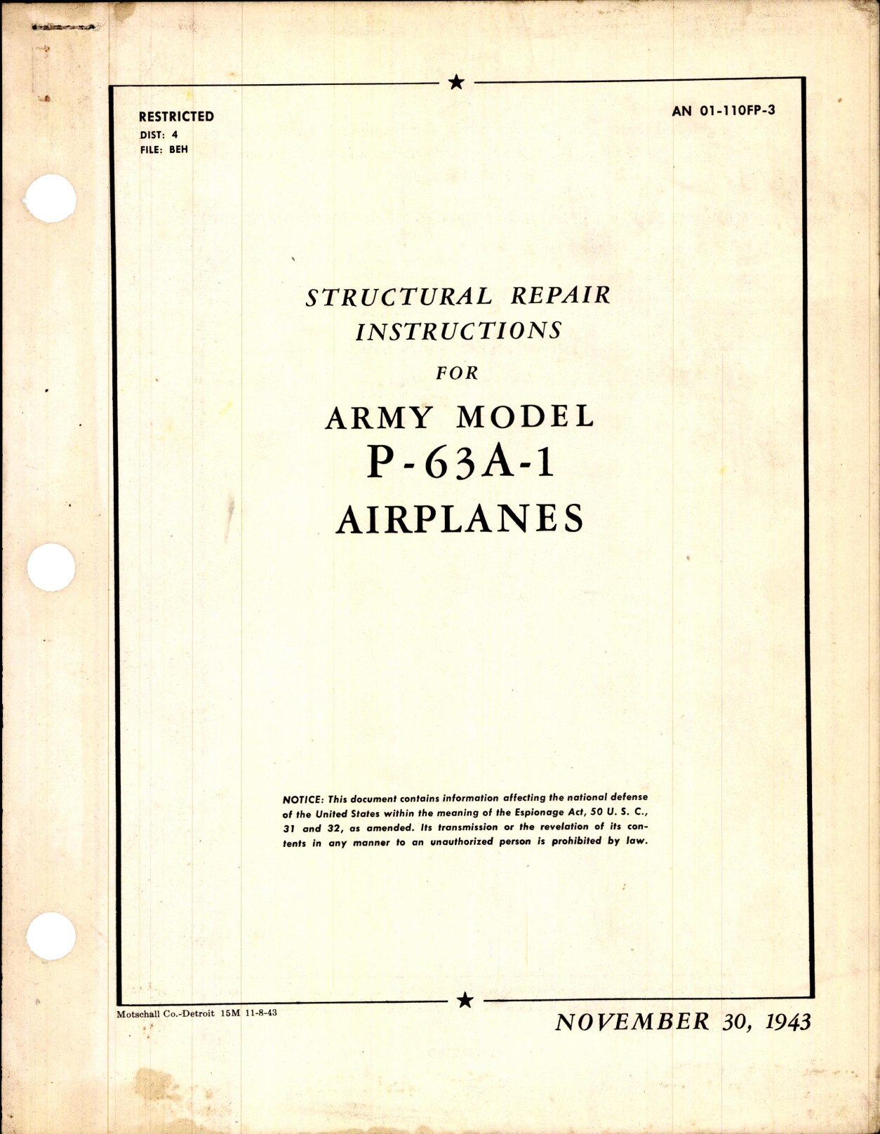 Sample page 1 from AirCorps Library document: Structural Repair Instructions for Army Model P-63A-1 Airplanes