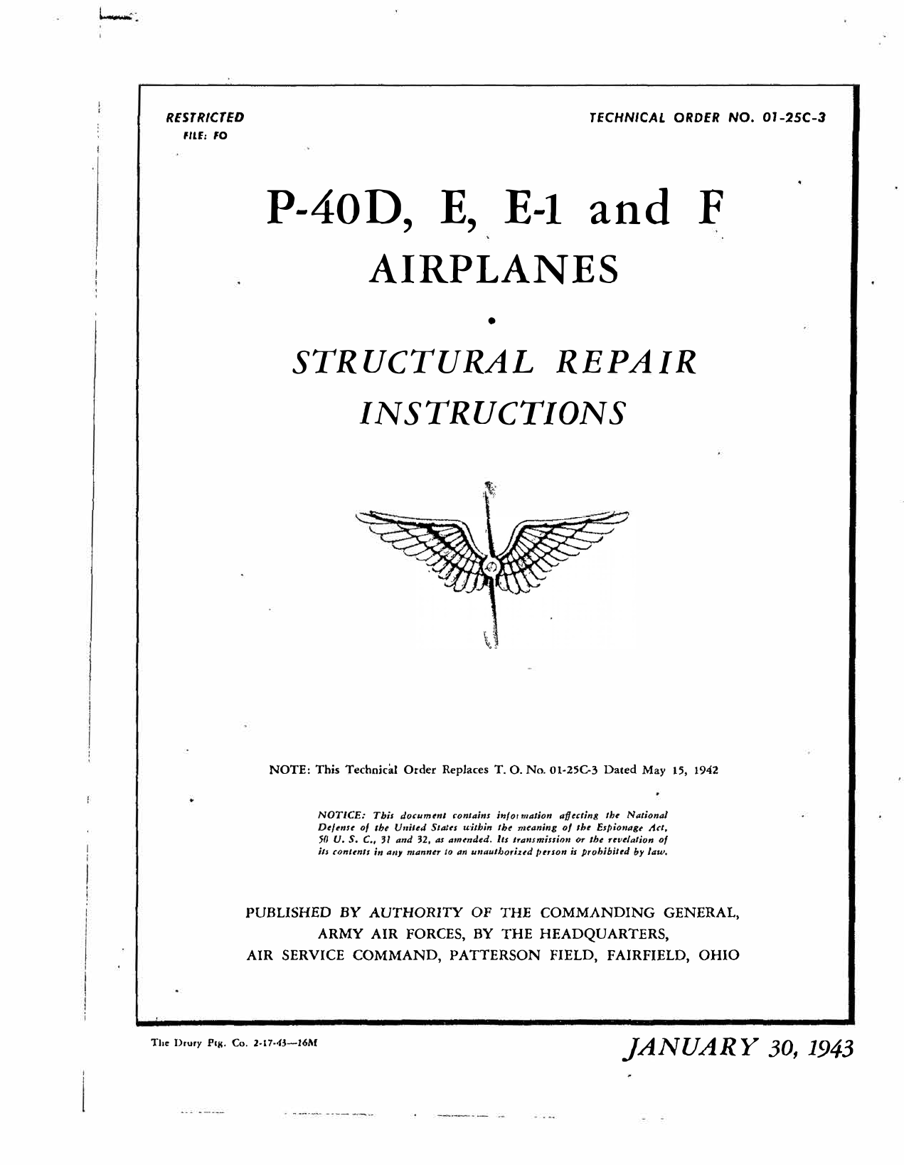 Sample page 1 from AirCorps Library document: Structural Repair Instructions - P-40D, P-40E, P-40F