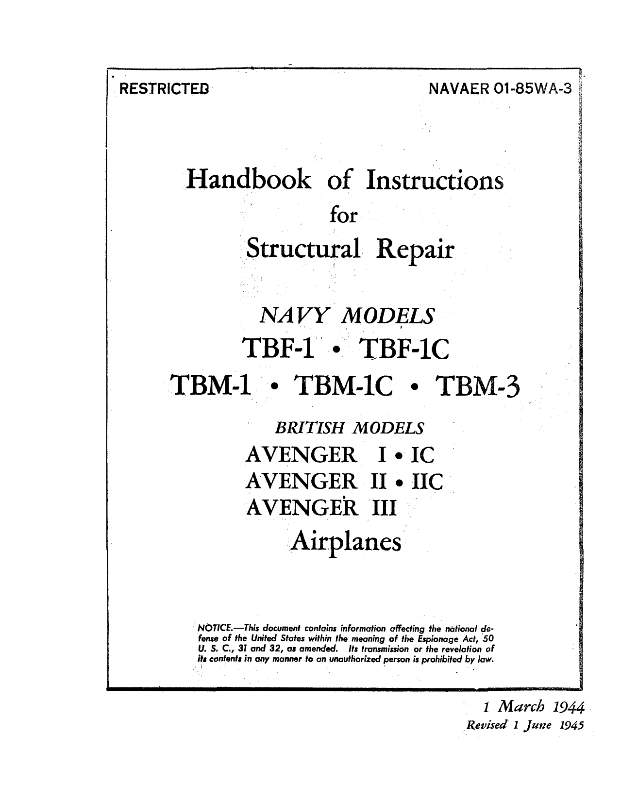 Sample page 1 from AirCorps Library document: Handbook of Instructions for Structural Repair for TBF, & TBM Aircraft