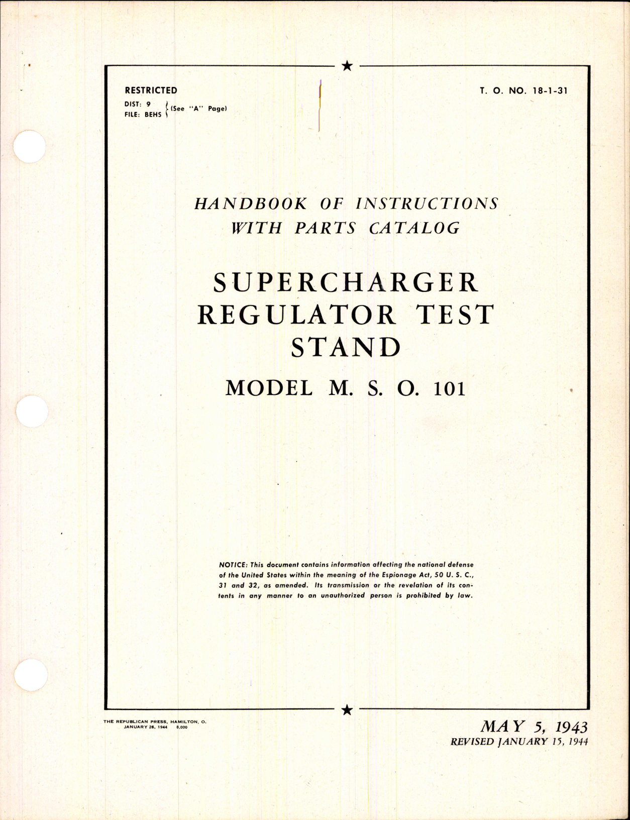 Sample page 1 from AirCorps Library document: Handbook of Instructions for Supercharger Regulator Test Stand 
