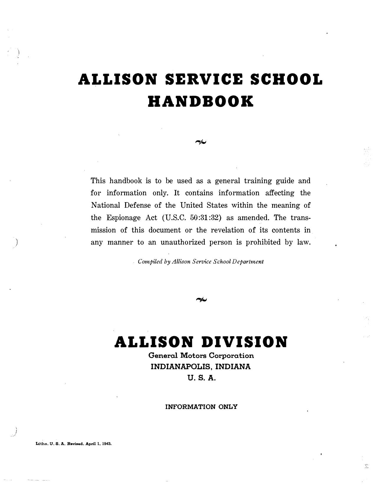 Sample page 1 from AirCorps Library document: Service School Handbook - Allison V-1710-E, V-1710-F