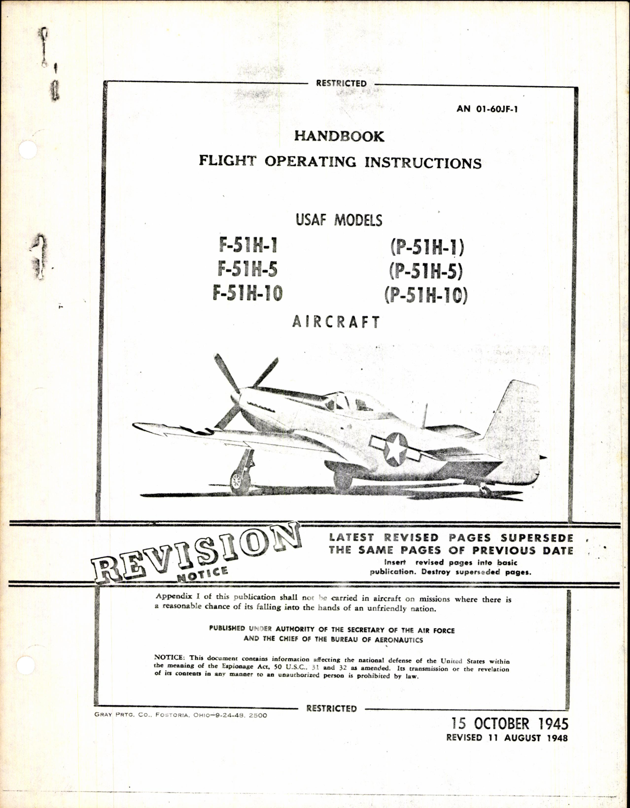 Sample page 1 from AirCorps Library document: Handbook Flight Operating Instructions for F-51H-1, -5, -10