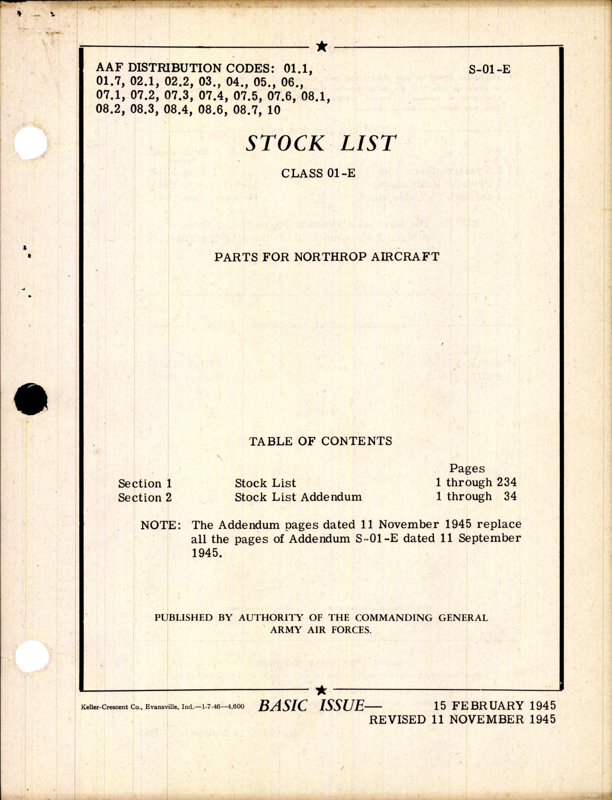 Sample page 1 from AirCorps Library document: Stock List - Parts for Northrop Aircraft