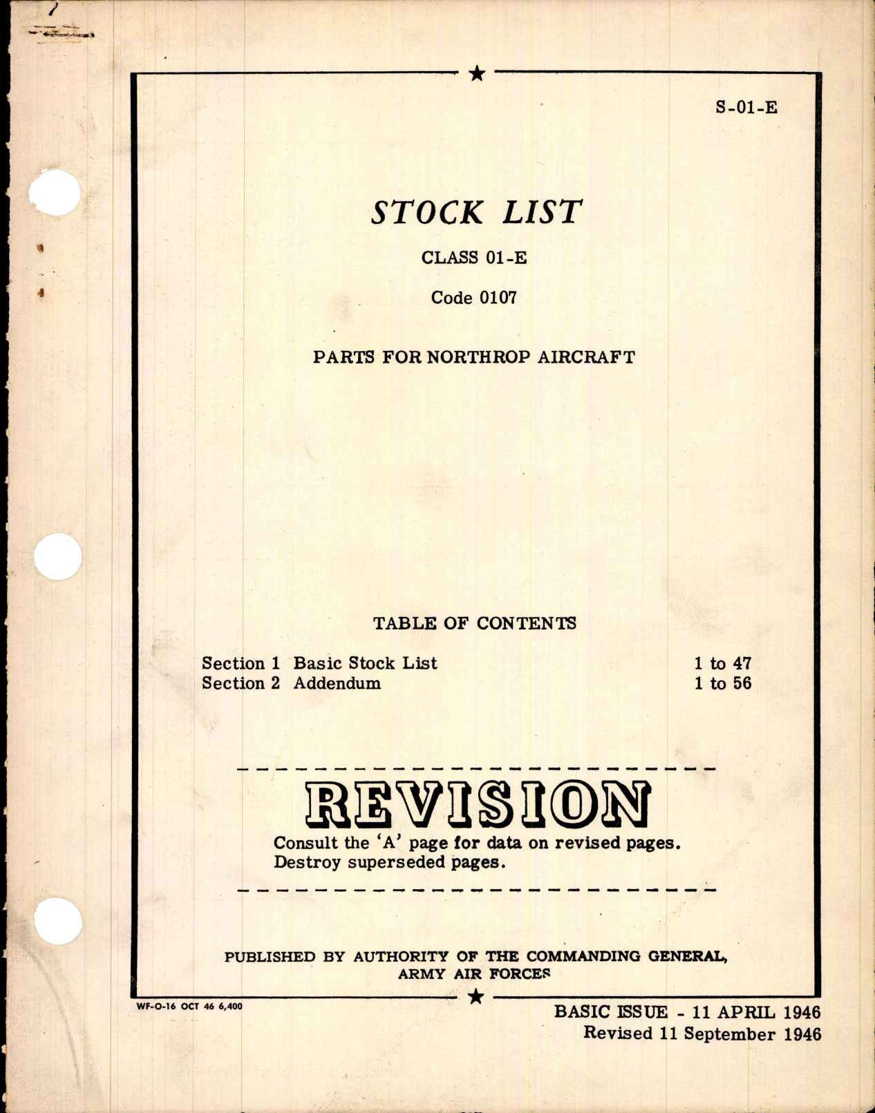 Sample page 1 from AirCorps Library document: Stock List - Parts for Northrop Aircraft