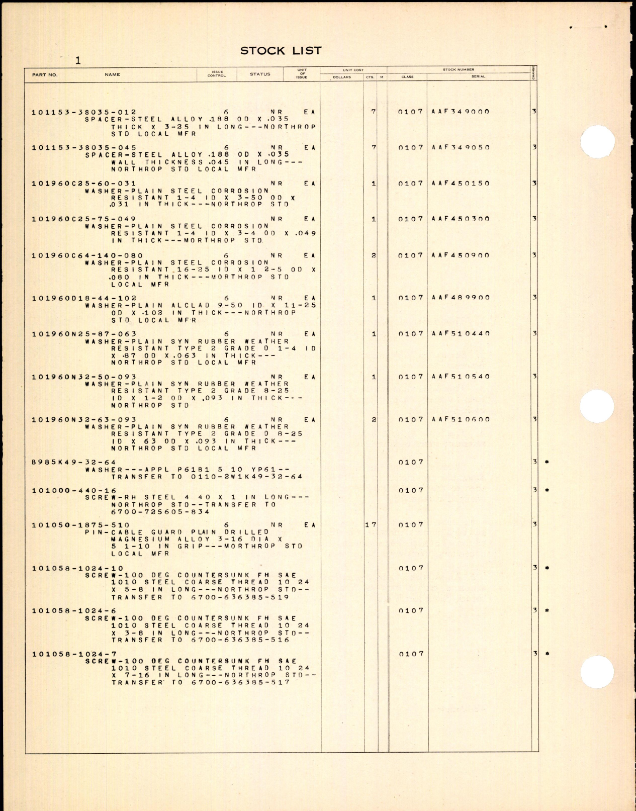 Sample page 4 from AirCorps Library document: Stock List - Parts for Northrop Aircraft