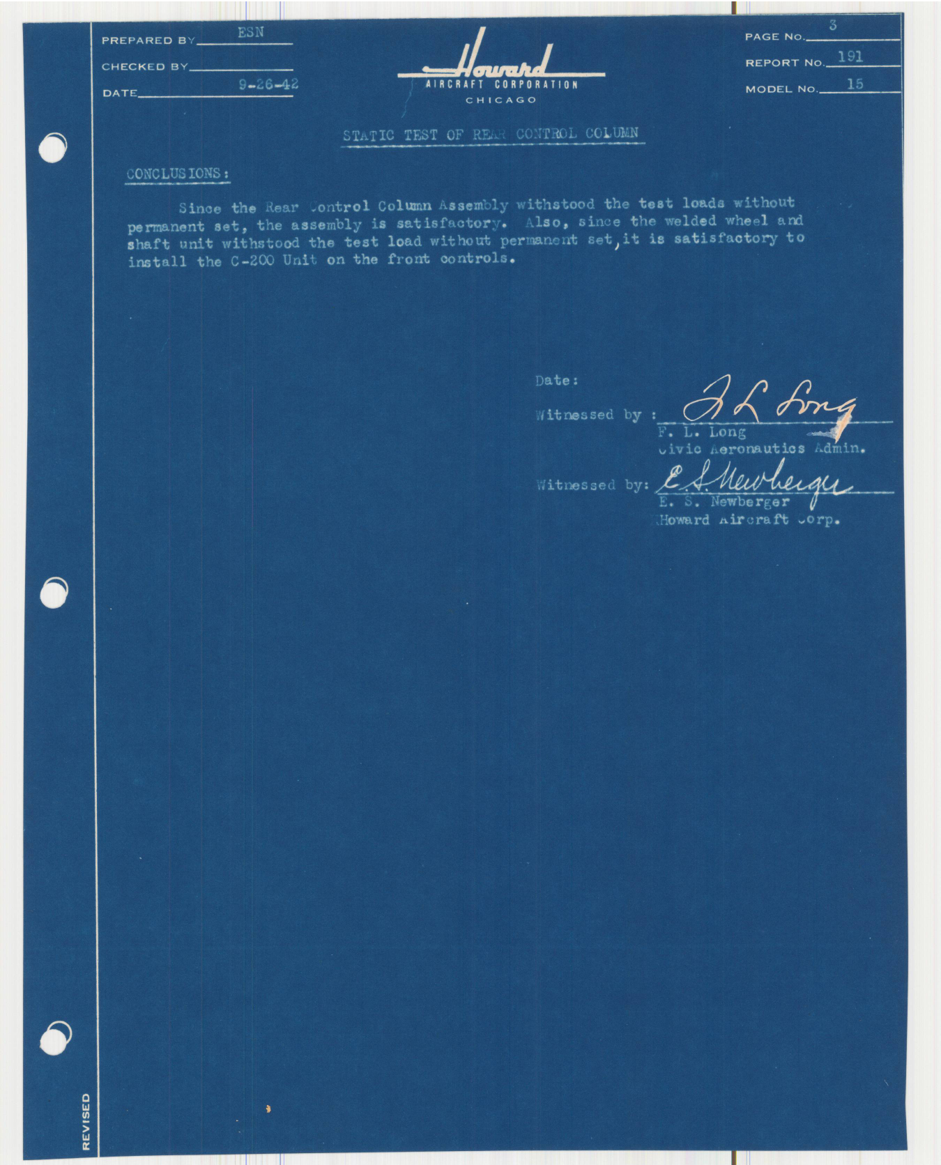 Sample page 4 from AirCorps Library document: Report 191, Static Test of Rear Control Column Assembly, DGA-15