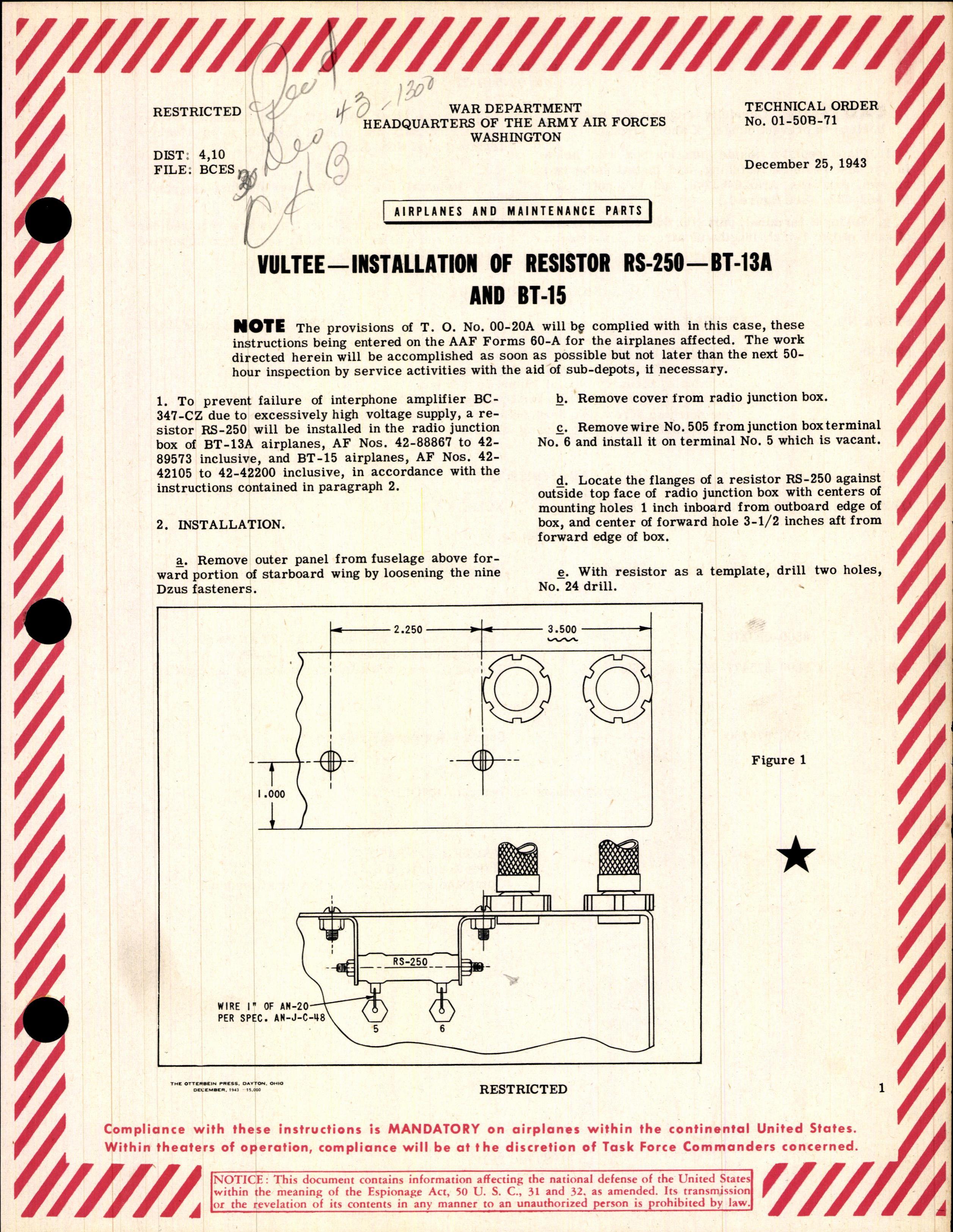 Sample page 1 from AirCorps Library document: Installation of Resistor RS-250 - BT-13A and BT-15